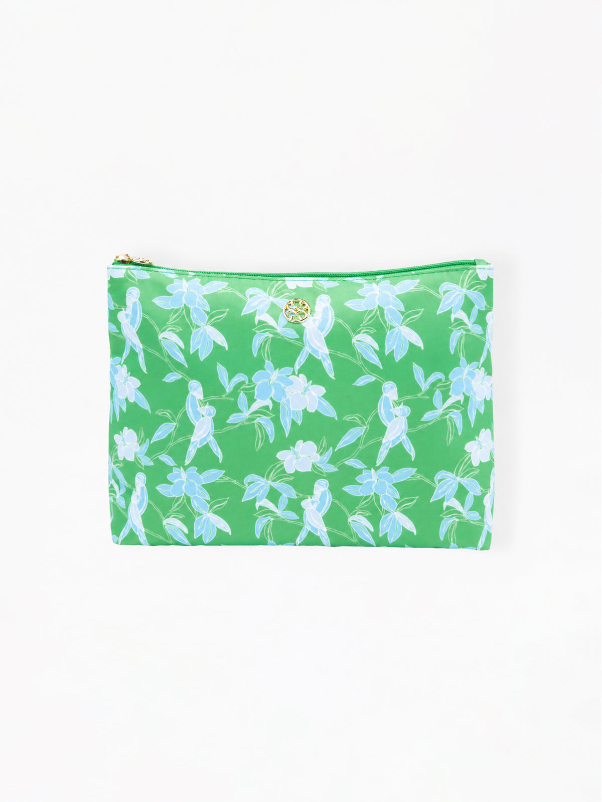 Floral tiki green patterned pouch on a white background