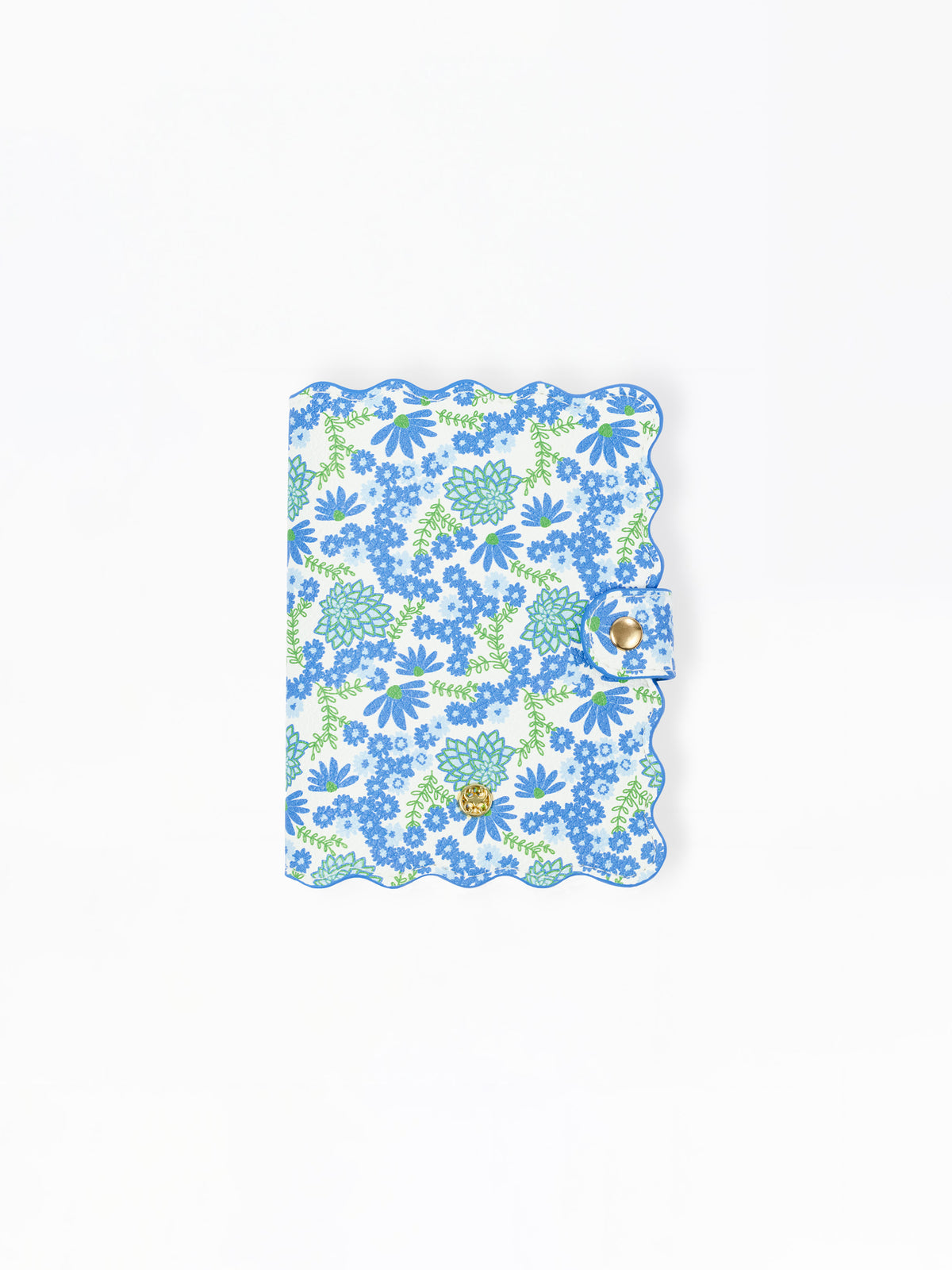 blue and green floral patterned passport cover on a white background