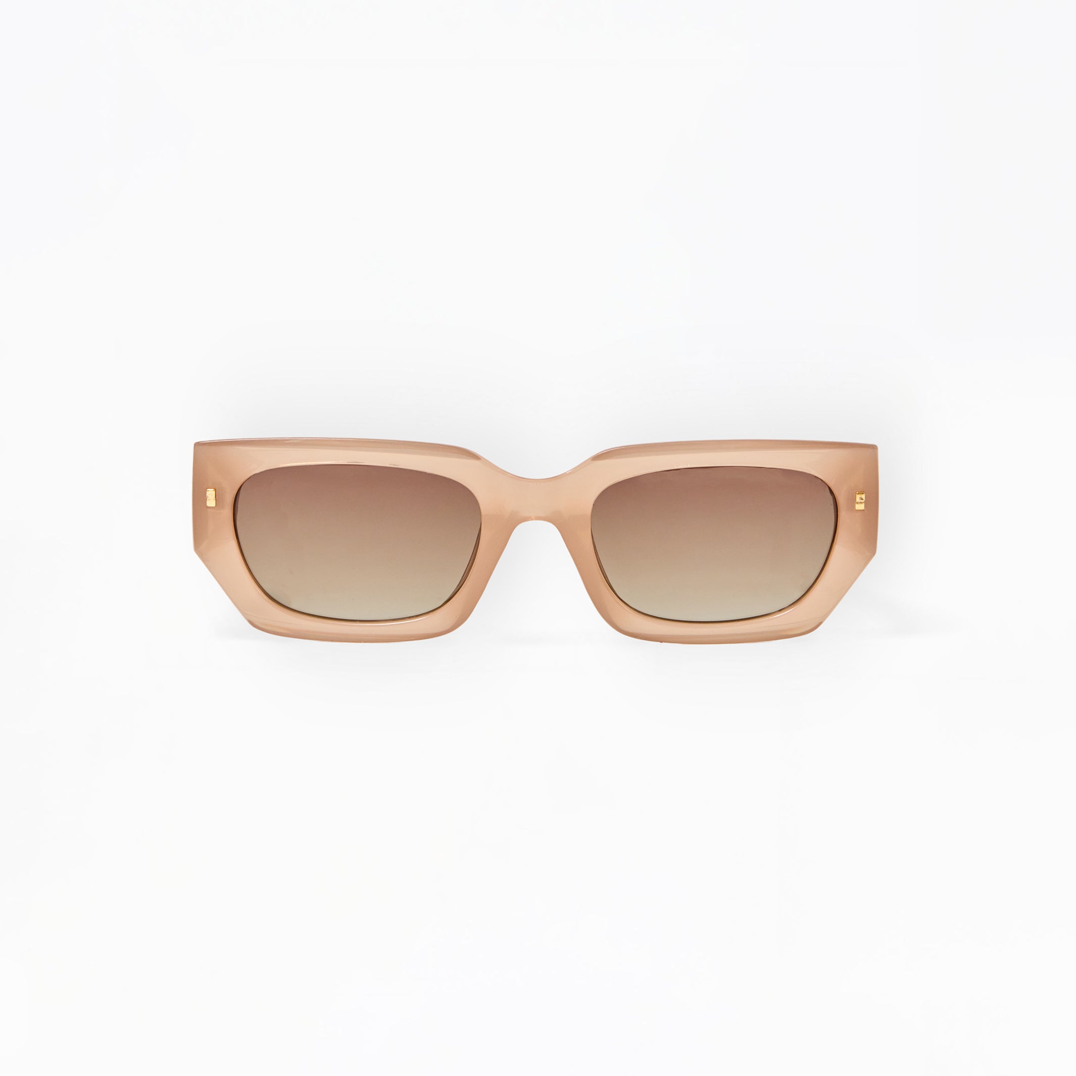 Beige sunglasses with brown gradient lenses on a white background