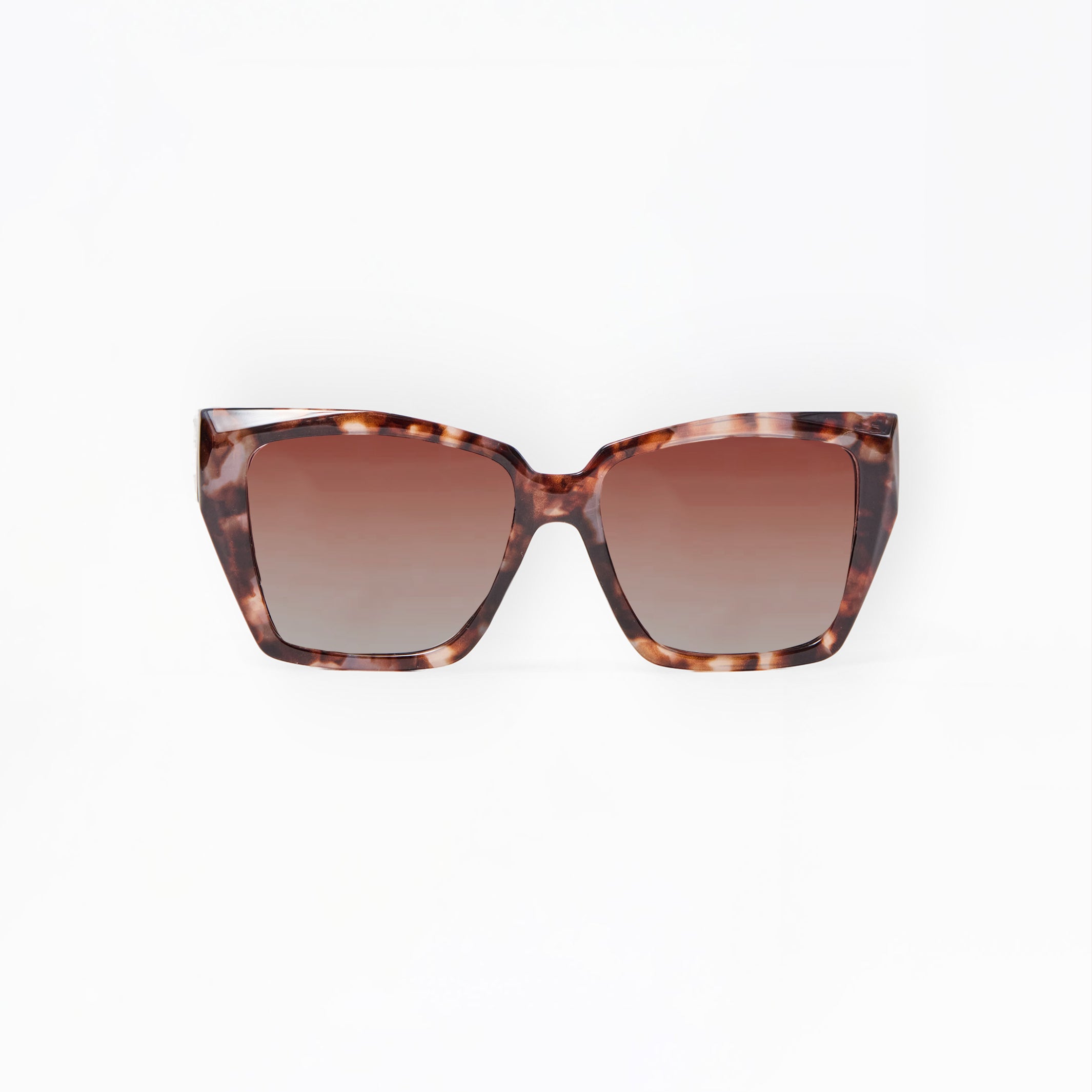 Sunglasses with tortoiseshell frame and brown gradient lenses on a white background