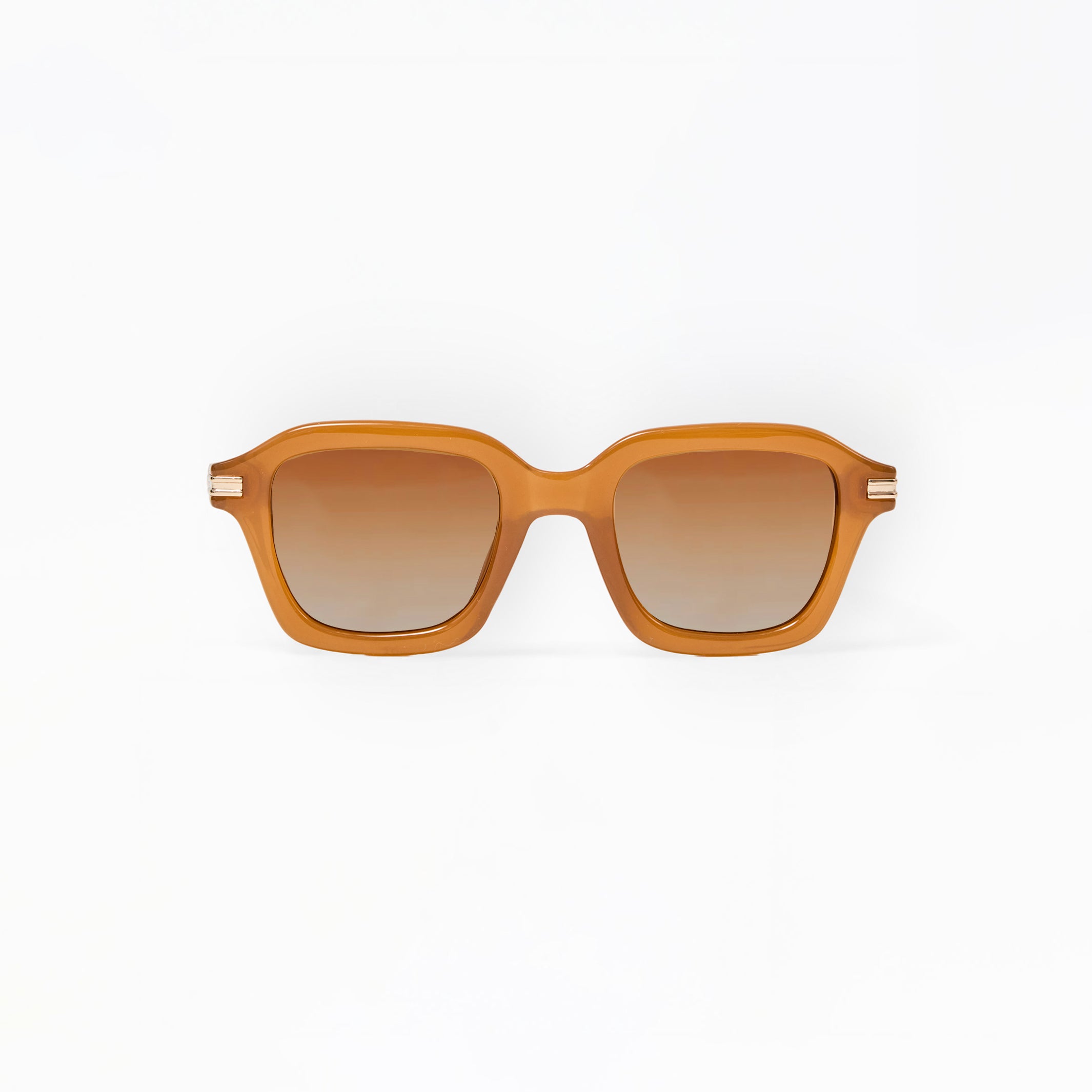 Sunglasses with a tan frame on a white background