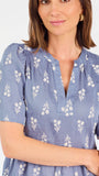 A woman wearing a dusty blue short-sleeve dress with a white floral print, featuring a split neckline and puff sleeves, shown against a plain white background.