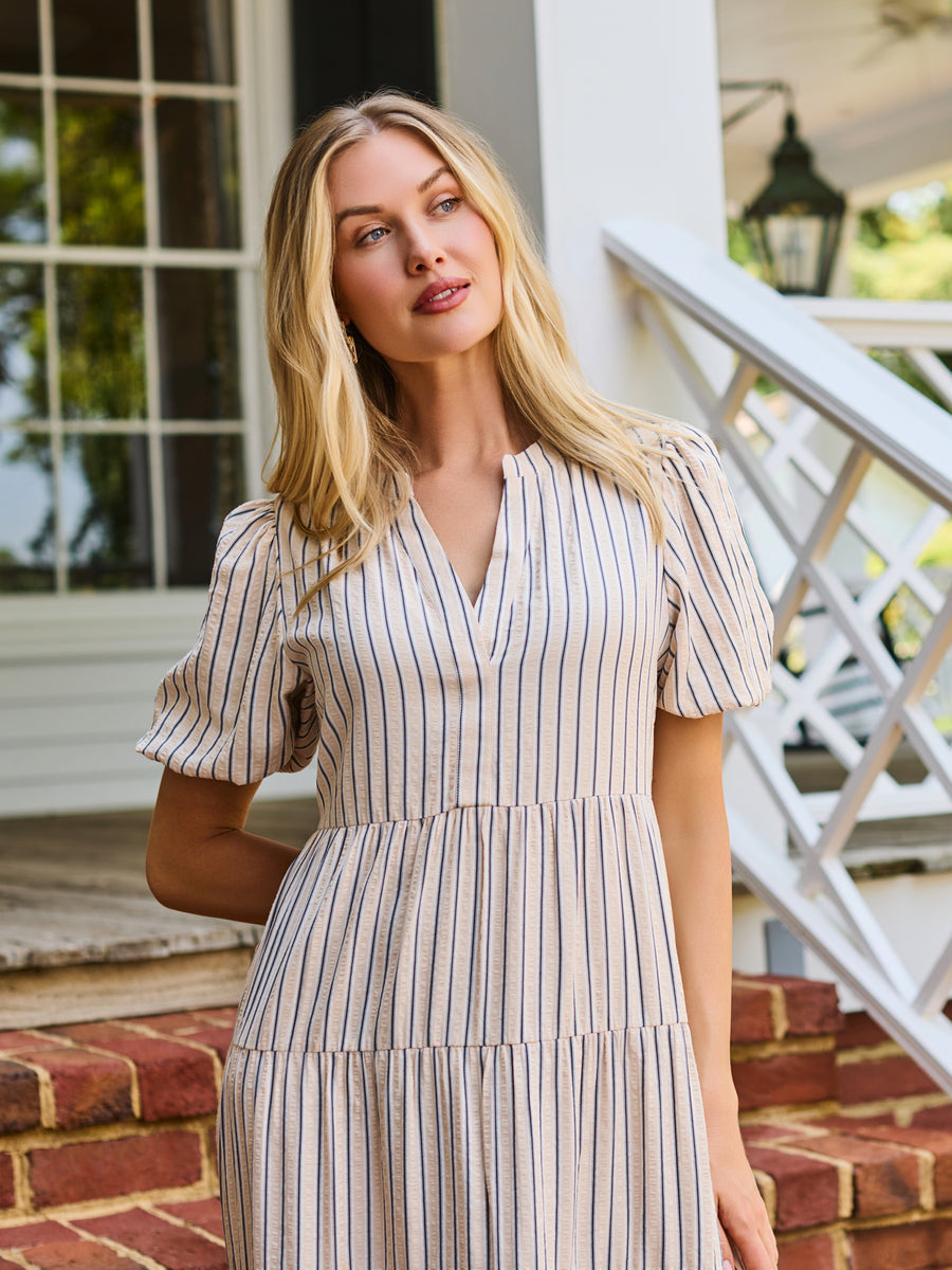tan midi dress with sleeves Kinsley Size:16/48 1.30.26 100% Polyester Dry Clean Lemon White Balsamic Vinaigrette
