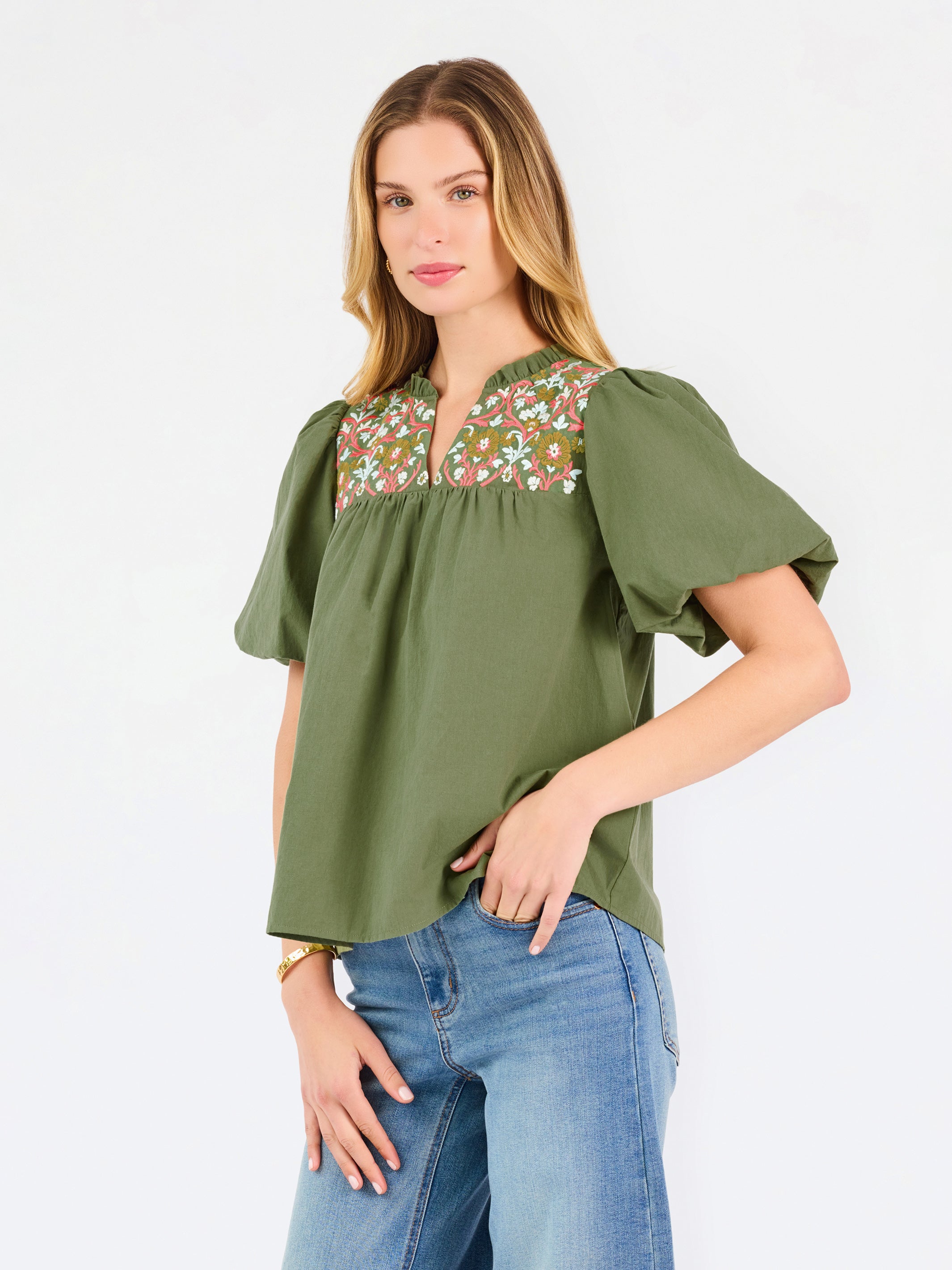 Makayla Embroidered Top | Olive – Mary Square