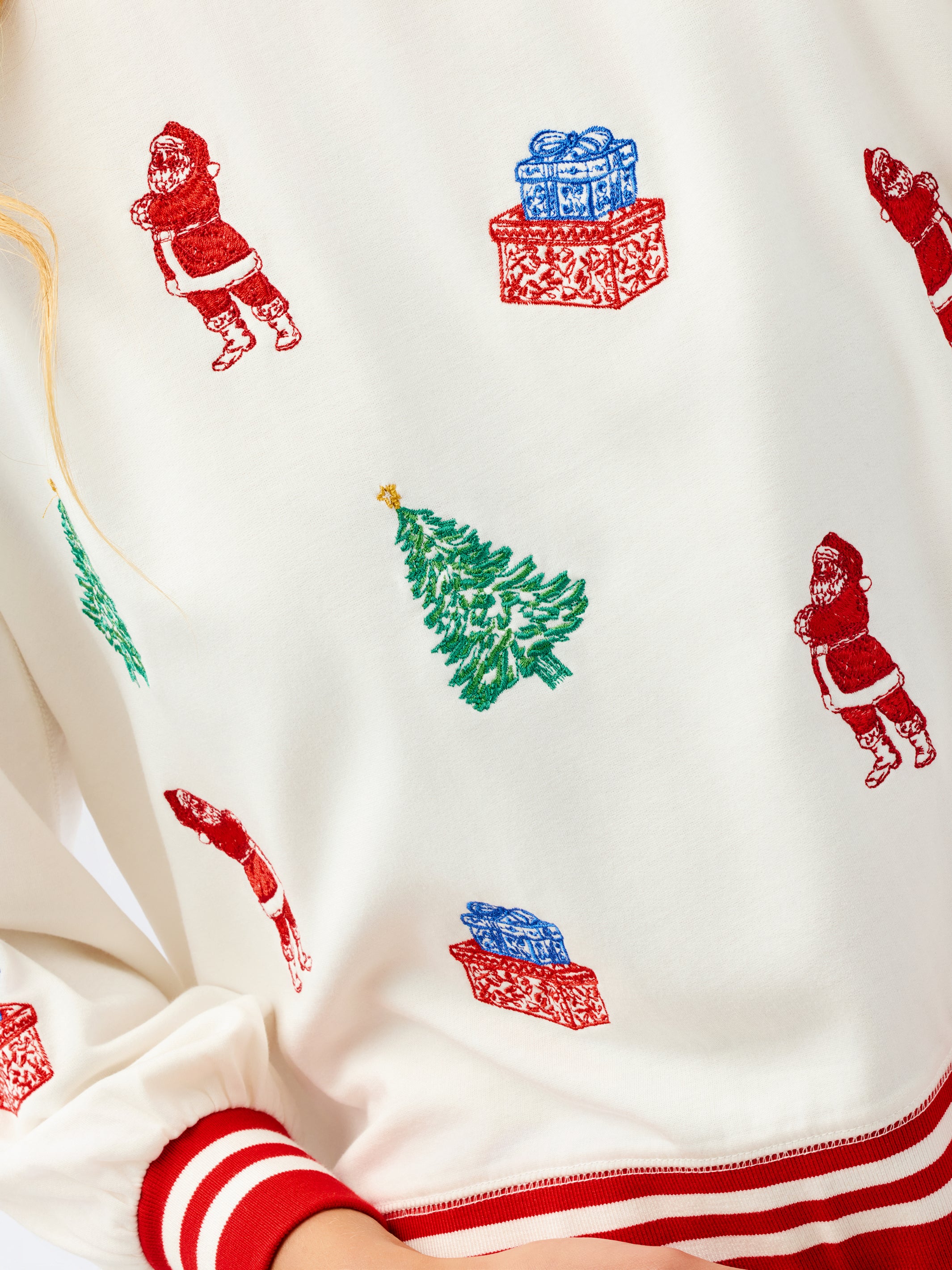 Close-up of a cream-colored knit sweater with a festive Christmas print featuring red Santa Claus figures, green Christmas trees, and red and blue gift boxes, finished with red and white striped ribbed cuffs and hem.