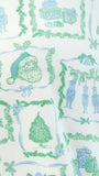 A close-up of a holiday-themed fabric pattern featuring green wreaths, garlands, nutcricks, presents, and a Santa hat on an off-white background.