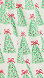 A close-up of a fabric or wallpaper pattern featuring green Christmas tree silhouettes with small red ornaments and red bows on an off-white background.