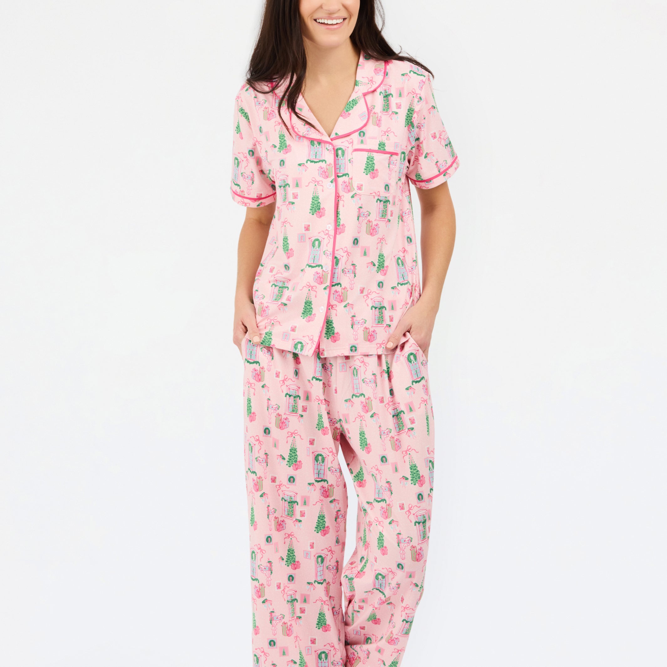 Women's Charlotte Pants Set | Christmas Cottage Pink