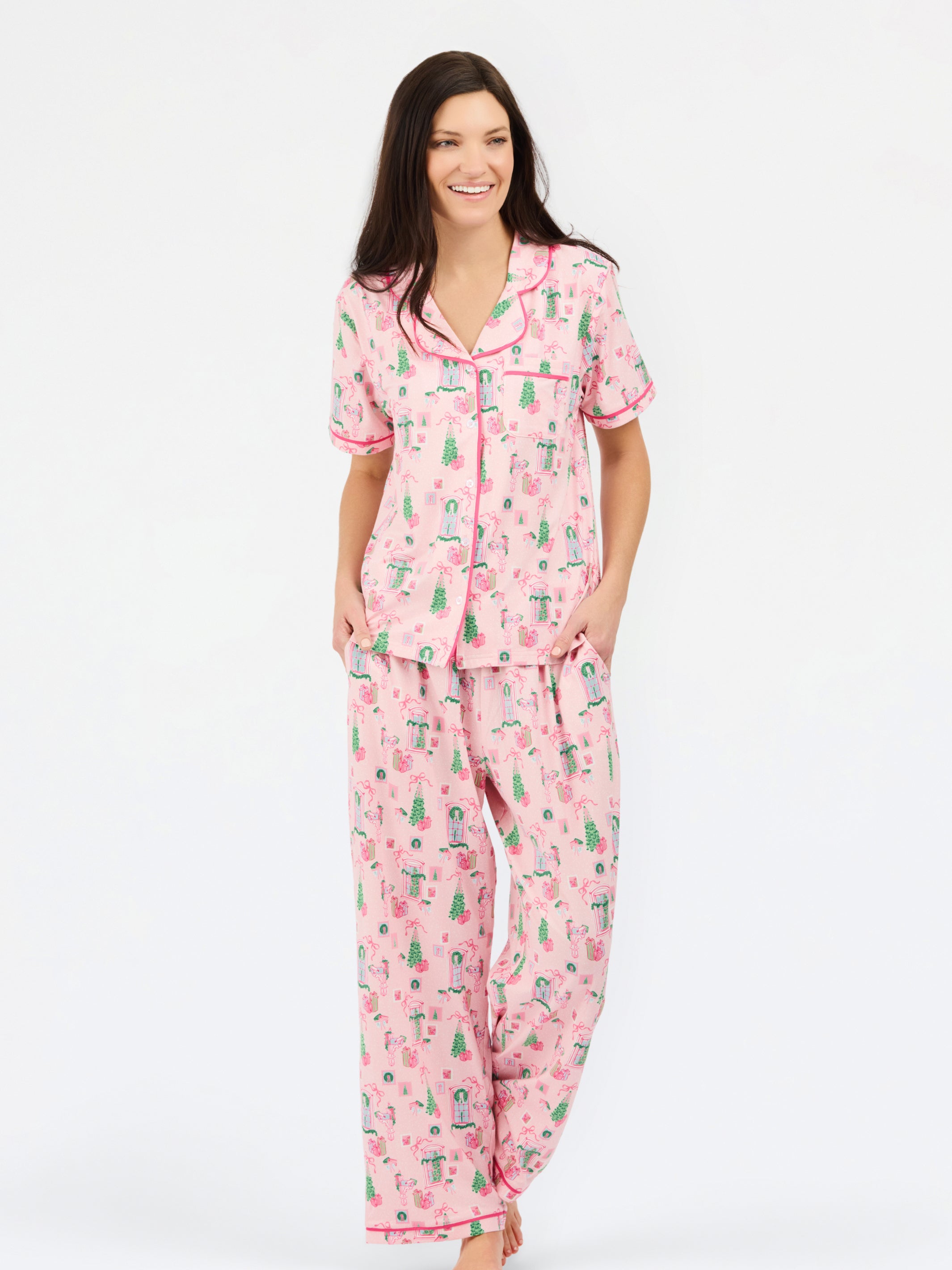 Women's Charlotte Pants Set | Christmas Cottage Pink