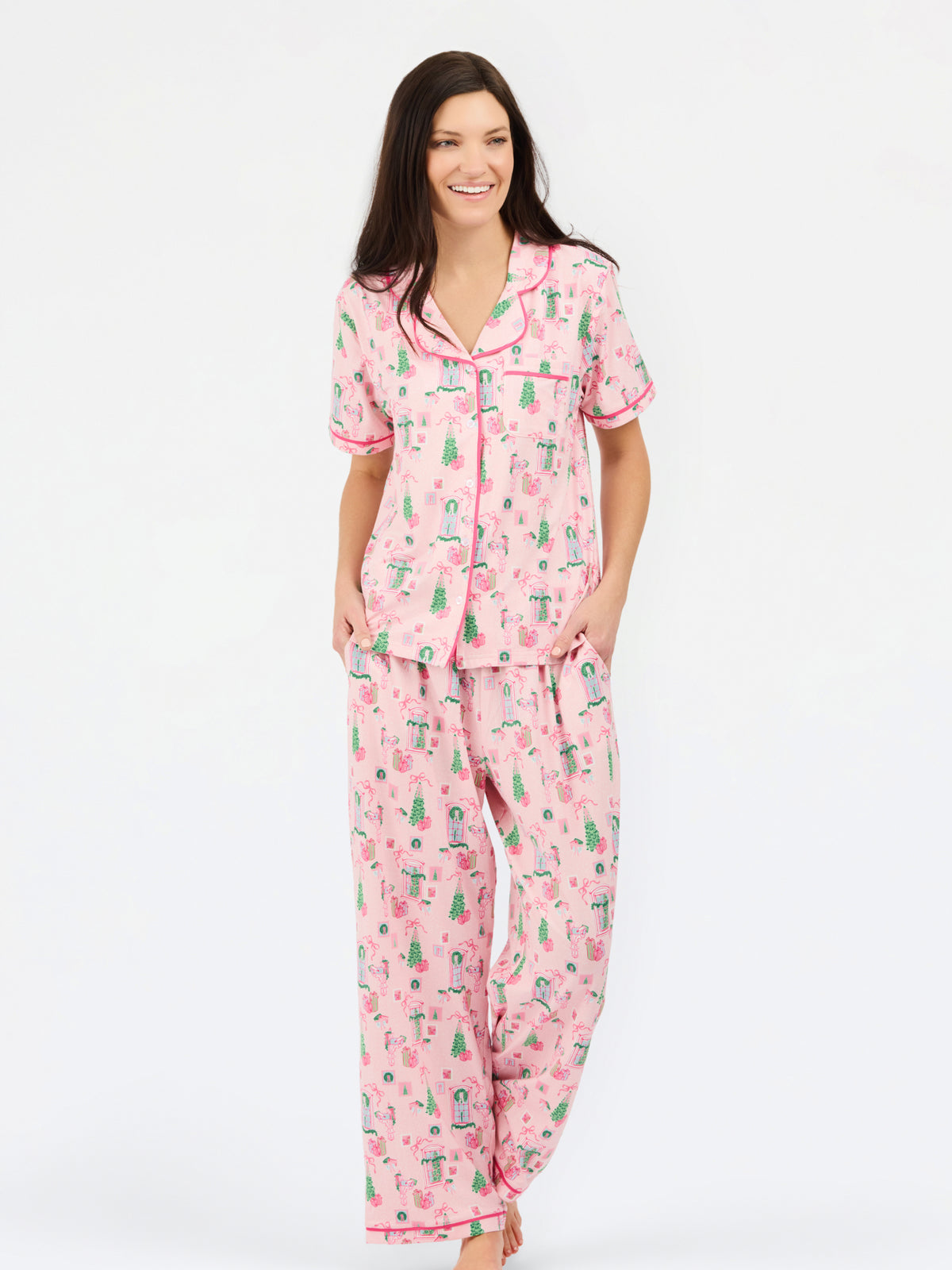 Women's Charlotte Pants Set | Christmas Cottage Pink