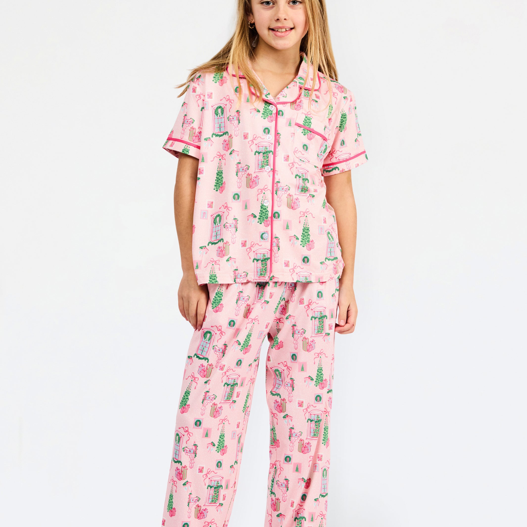 Charlotte Kids Pajama Set | Christmas Cottage Pink