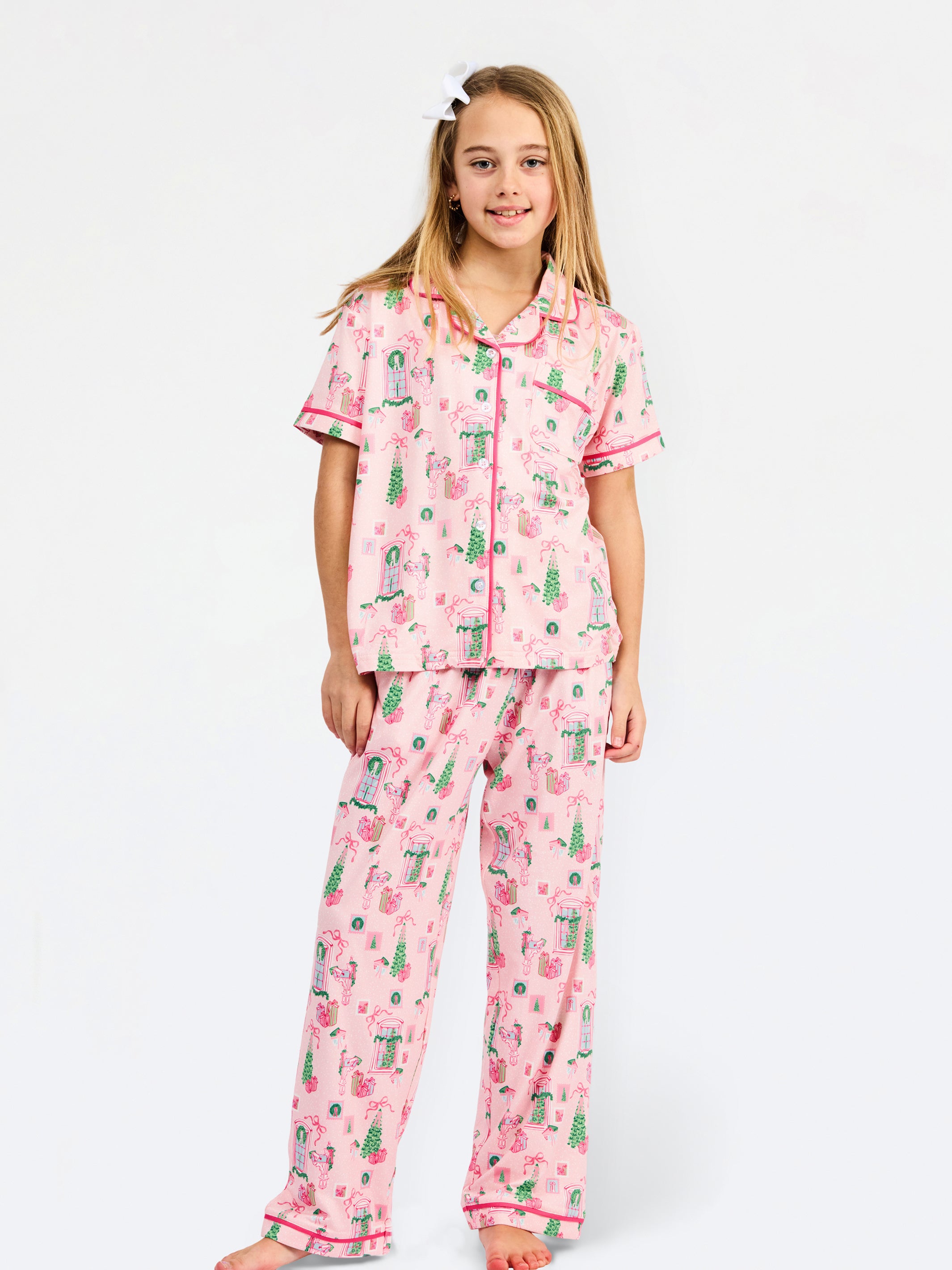 Charlotte Kids Pajama Set | Christmas Cottage Pink