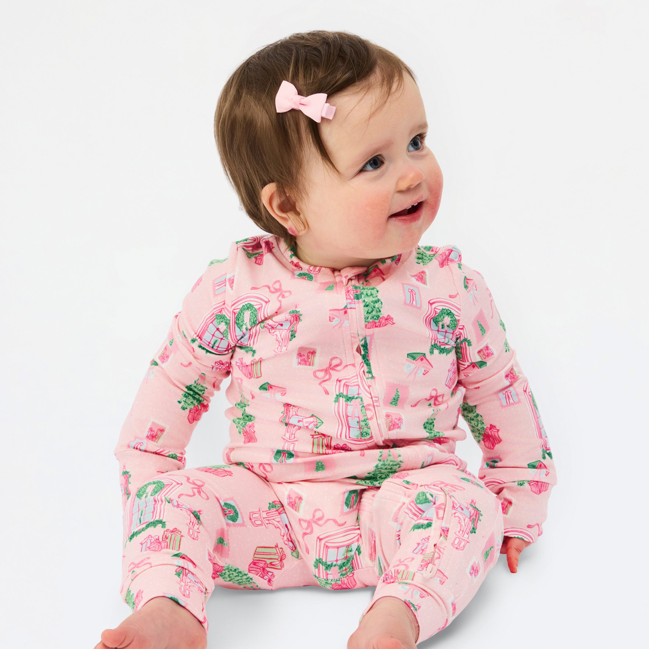Baby Pajama Onesie | Christmas Cottage Pink