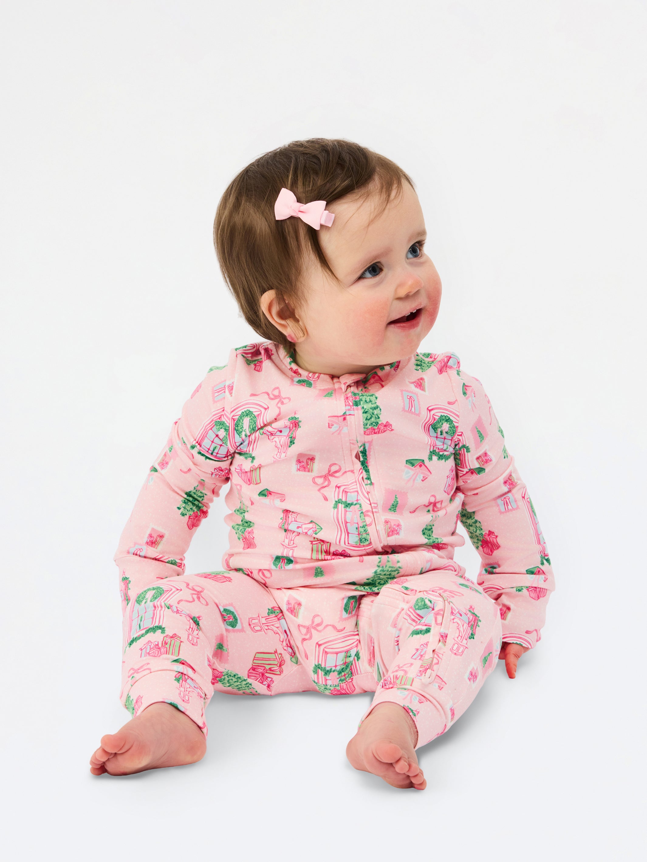 Baby Pajama Onesie | Christmas Cottage Pink