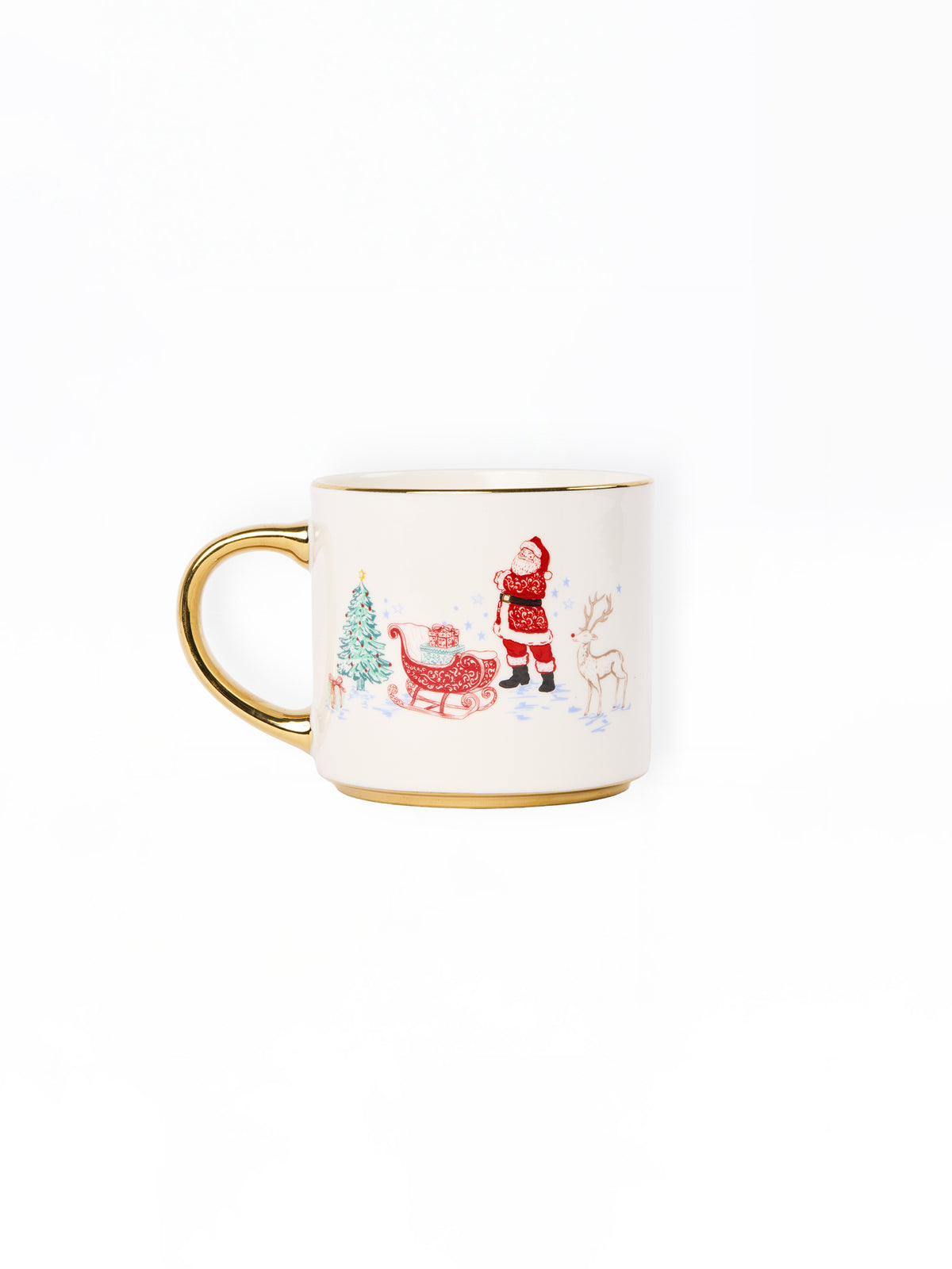 A white ceramic mug with a gold handle and gold rim, decorated with a festive Christmas illustration featuring Santa Claus, a reindeer, a sleigh, and a Christmas tree.