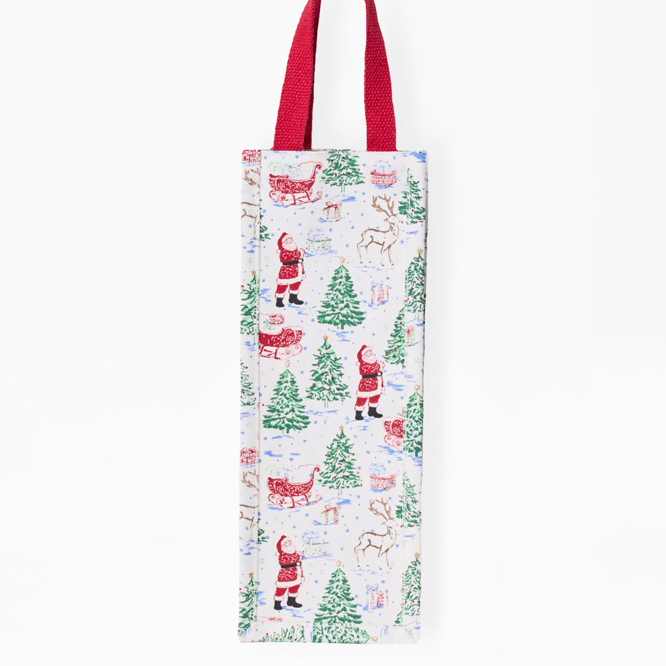 A white canvas tote bag with a festive Christmas print featuring Santa Claus, reindeer, sleighs, and green Christmas trees, complete with dark red shoulder straps, shown against a plain white background.