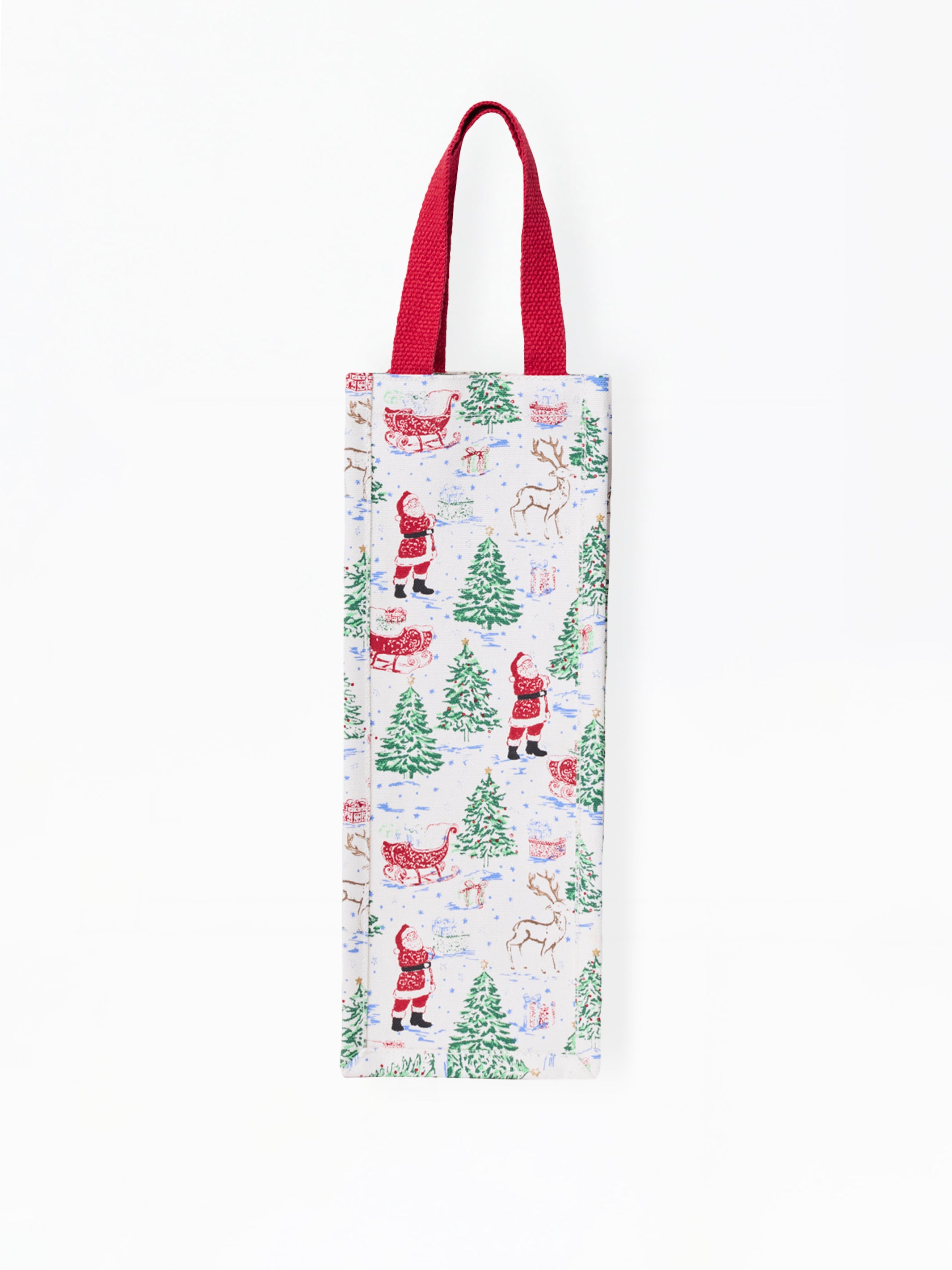 A white canvas tote bag with a festive Christmas print featuring Santa Claus, reindeer, sleighs, and green Christmas trees, complete with dark red shoulder straps, shown against a plain white background.