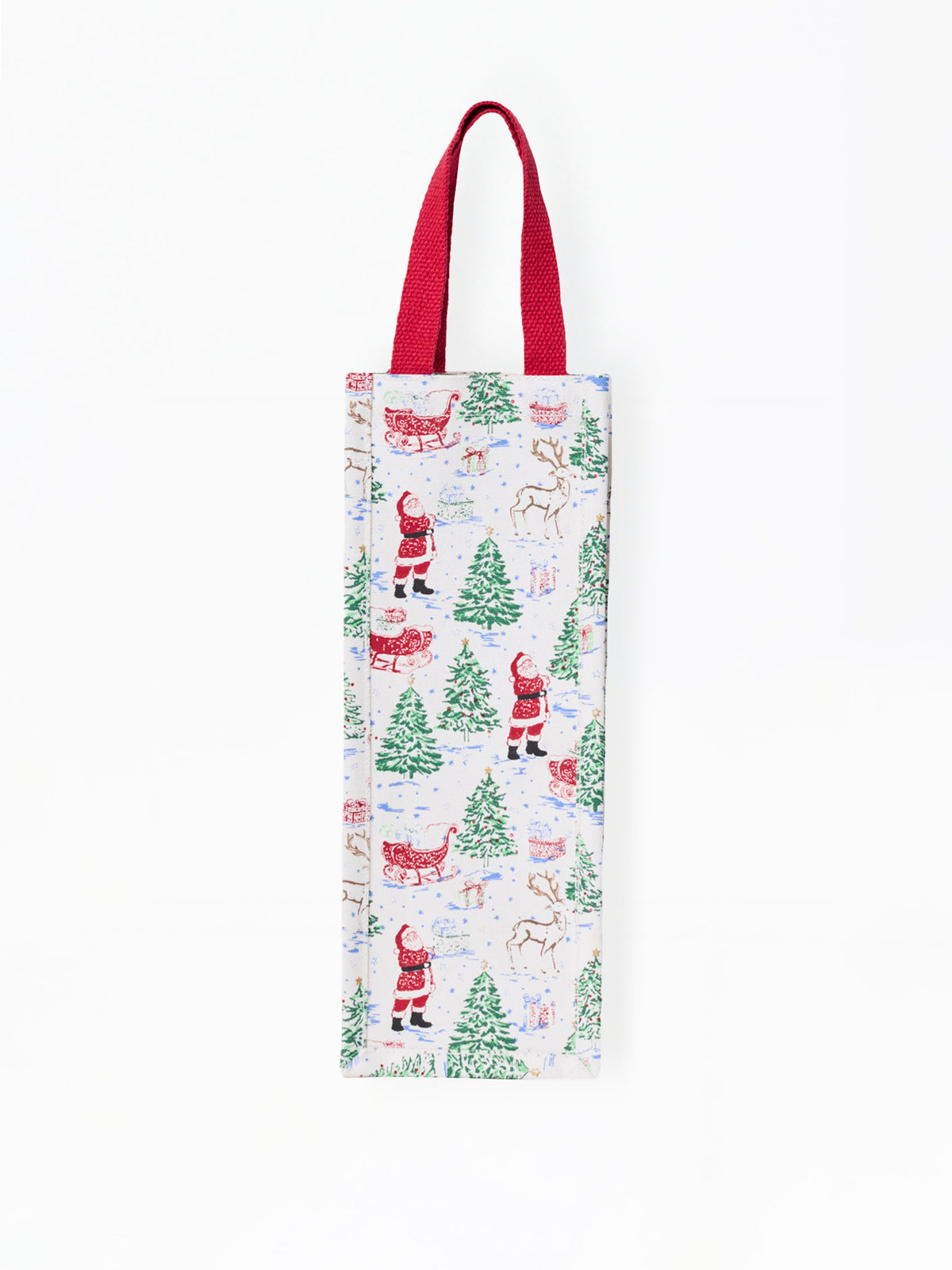 A white canvas tote bag with a festive Christmas print featuring Santa Claus, reindeer, sleighs, and green Christmas trees, complete with dark red shoulder straps, shown against a plain white background.