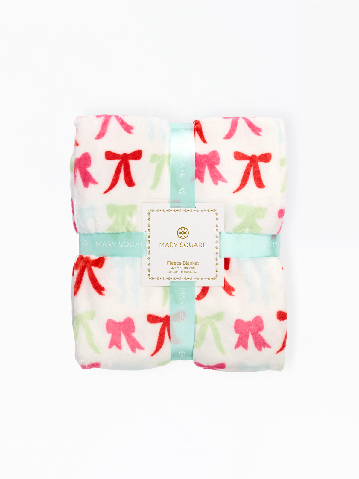 A folded Mary Square fleece blanket with a white background and a repeating bow pattern in red, pink, and light green, wrapped in a mint green ribbon with a central brand label.