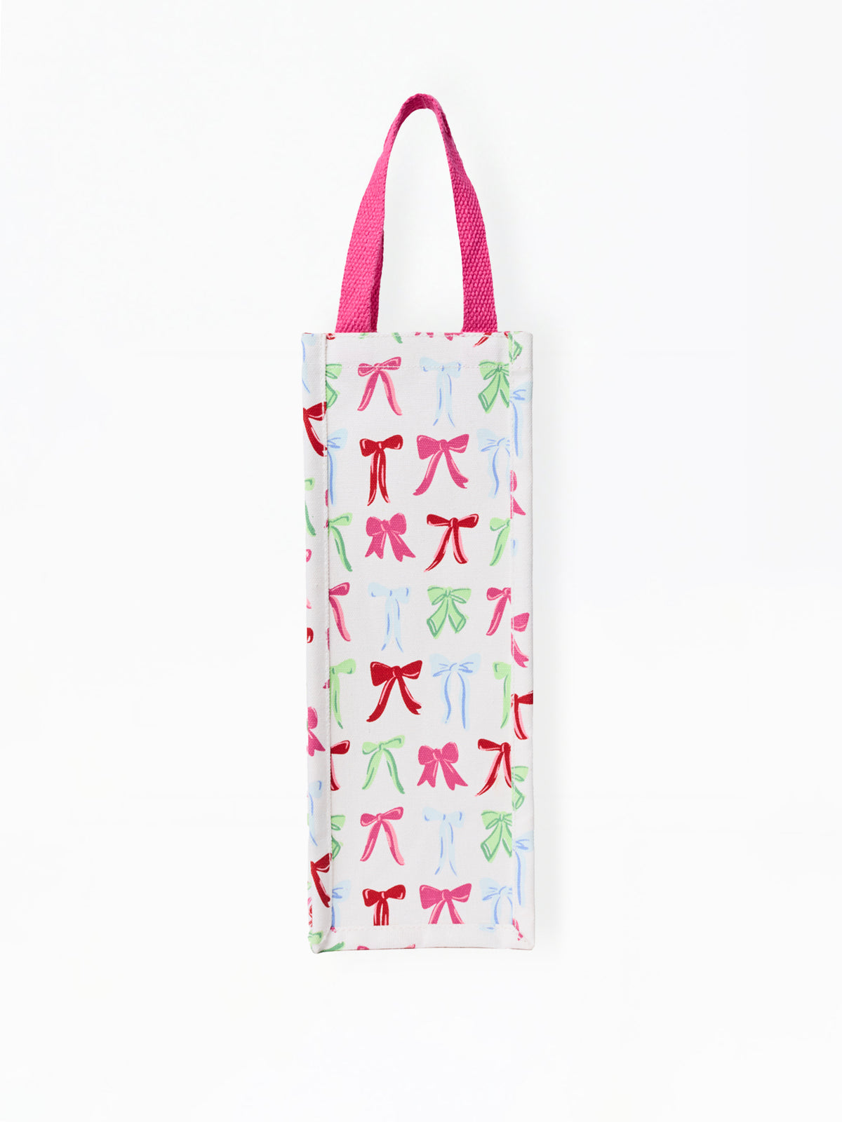 A white canvas tote bag with a repeating pattern of colorful ballet pointe shoes in pink, green, and blue, featuring magenta handles.