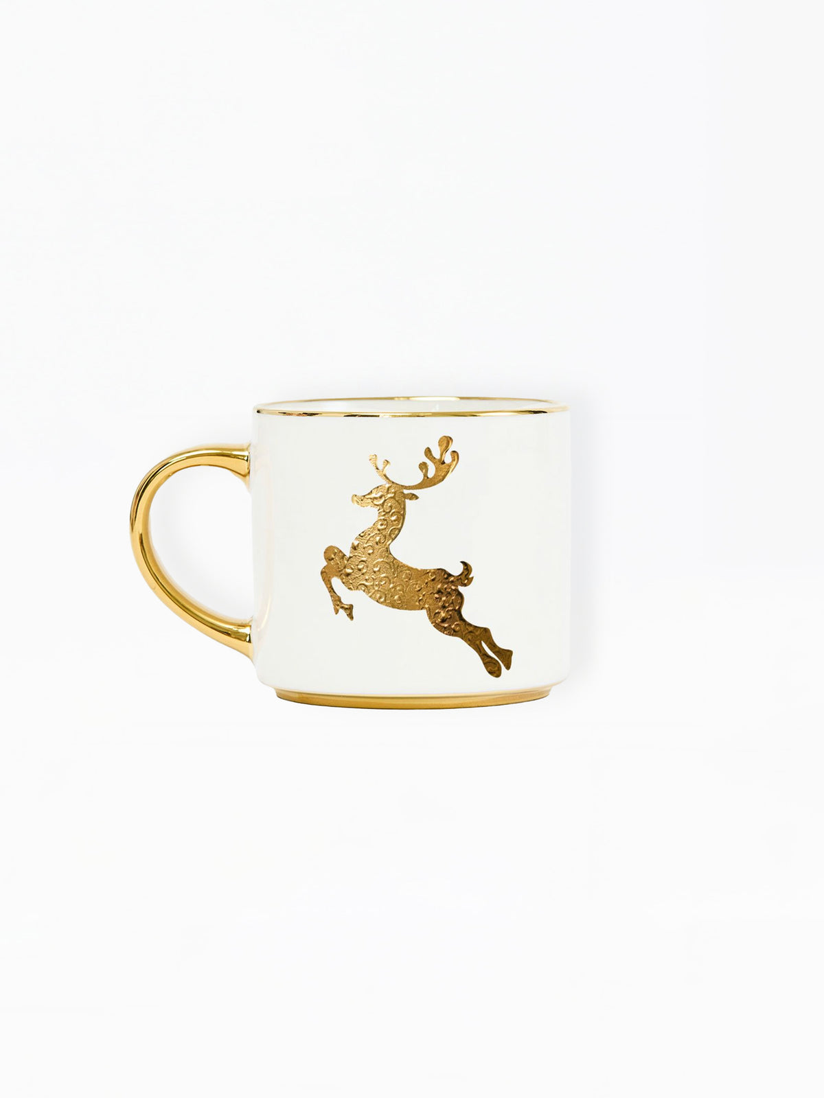 A white ceramic mug with a gold handle, gold rim, and a gold metallic leaping deer graphic on the side, set against a plain white background.