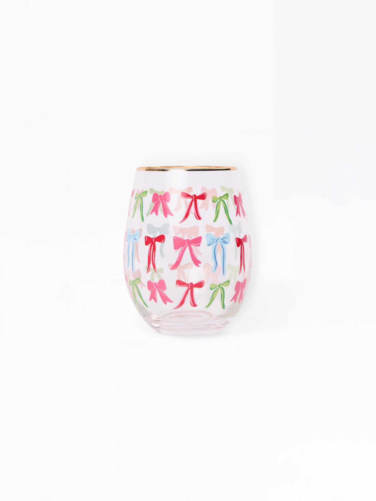 A clear stemless wine glass with a gold rim, decorated with a repeating pattern of colorful bows in pink, green, and blue on a white background.