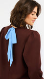 A woman shown from the back wearing a dark brown long-sleeve blouse with a bright blue ribbon bow tied at the back of the neck, set against a plain white background.