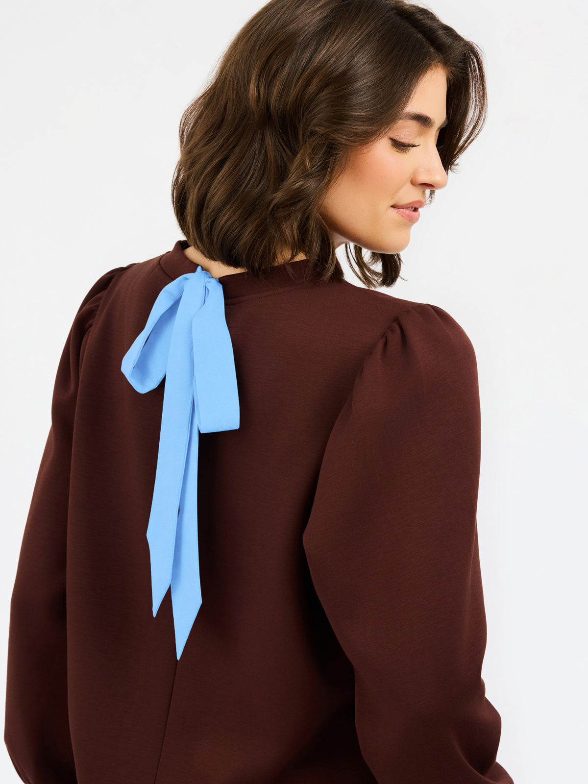 A woman shown from the back wearing a dark brown long-sleeve blouse with a bright blue ribbon bow tied at the back of the neck, set against a plain white background.