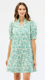 A woman modeling a short-sleeve V-neck dress with puff sleeves and an allover green and white architectural block print, set against a plain white studio background.