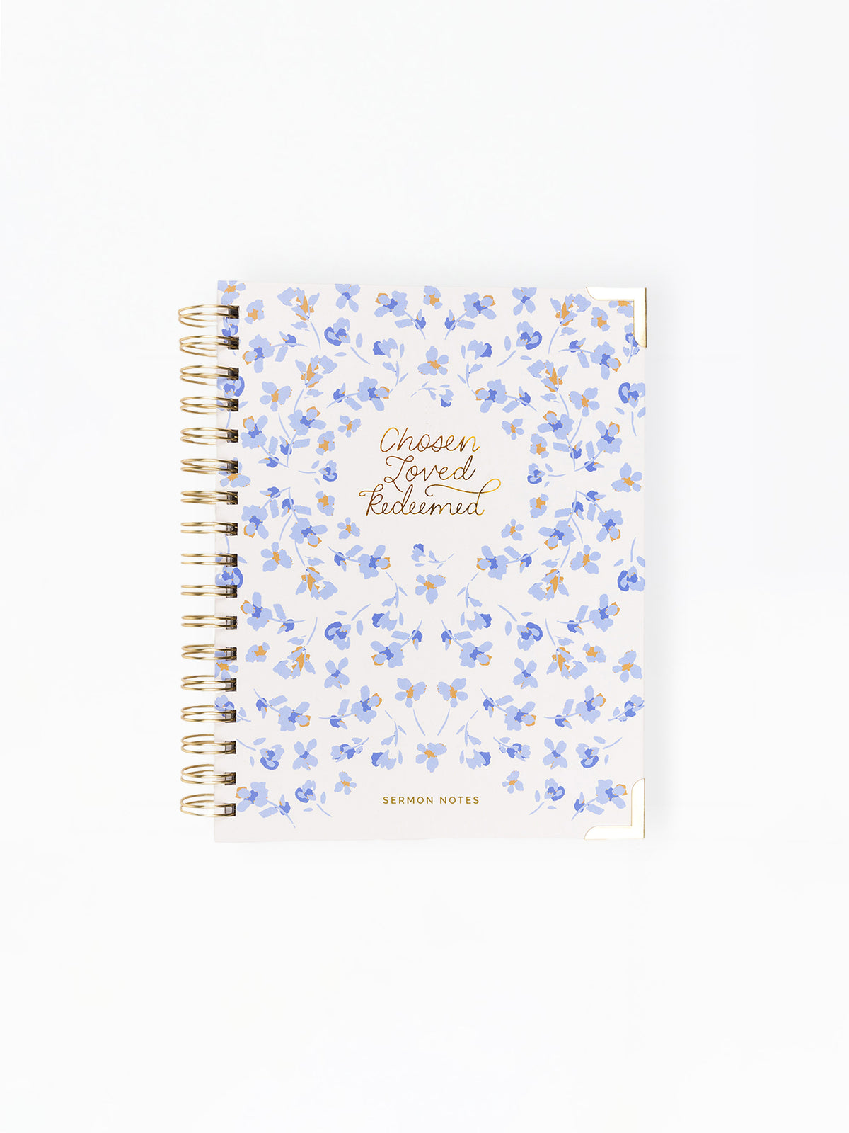 Notebook with floral design and text on a white background