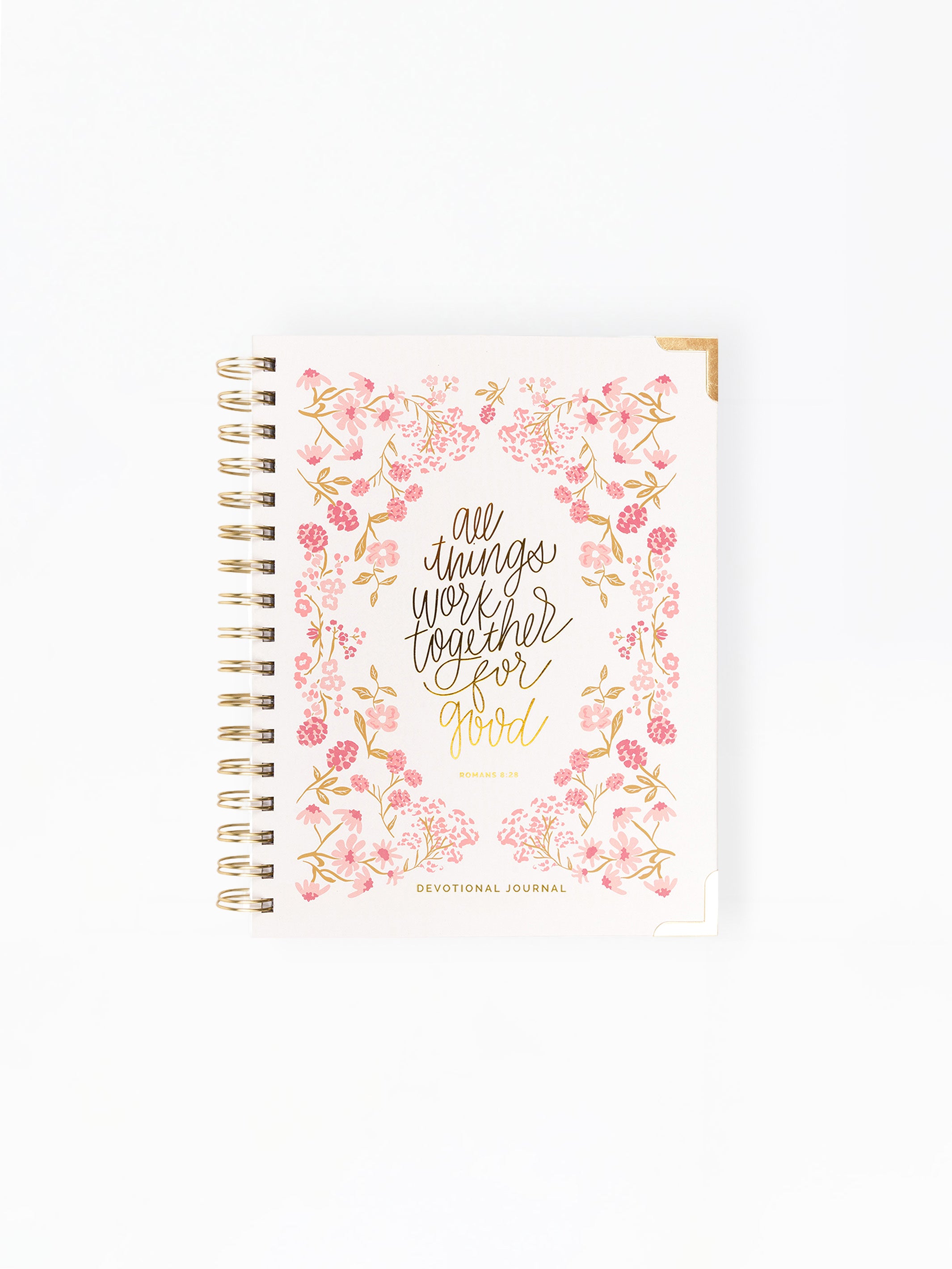 Notebook with floral design and text on a white background