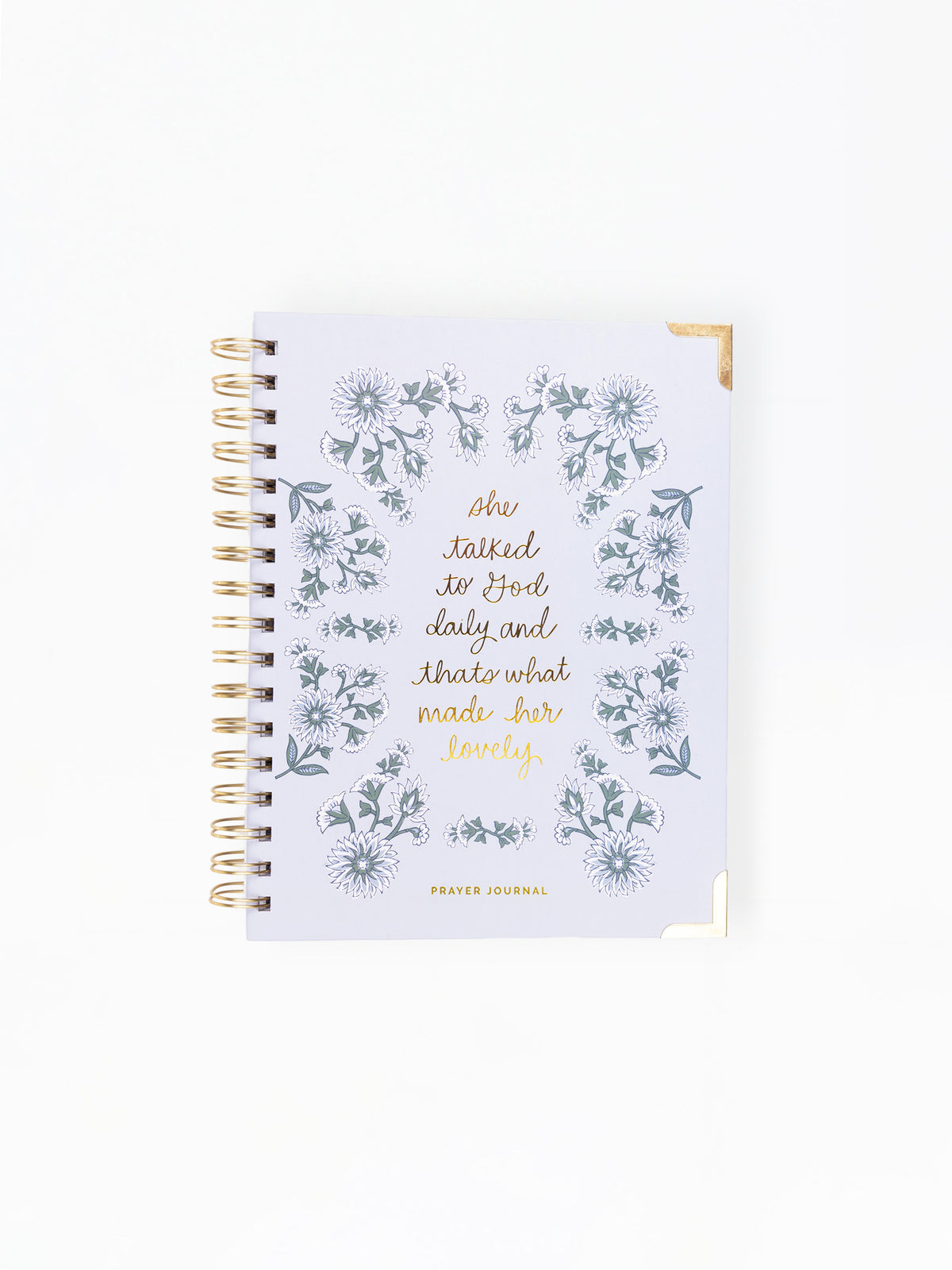 Notebook with floral design and text on a white background