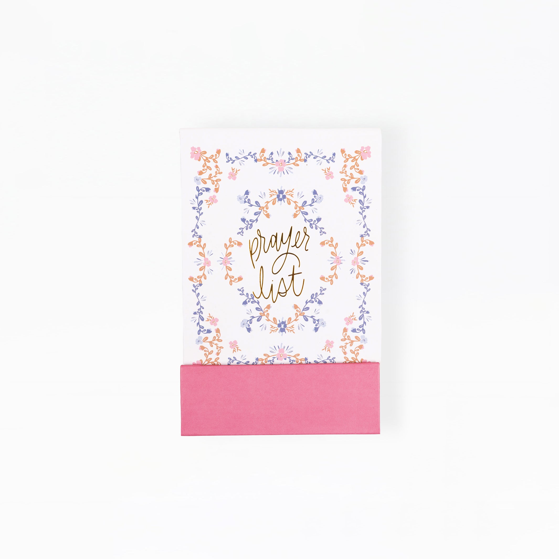 Notebook with floral design and 'Prayer List' text on a white background