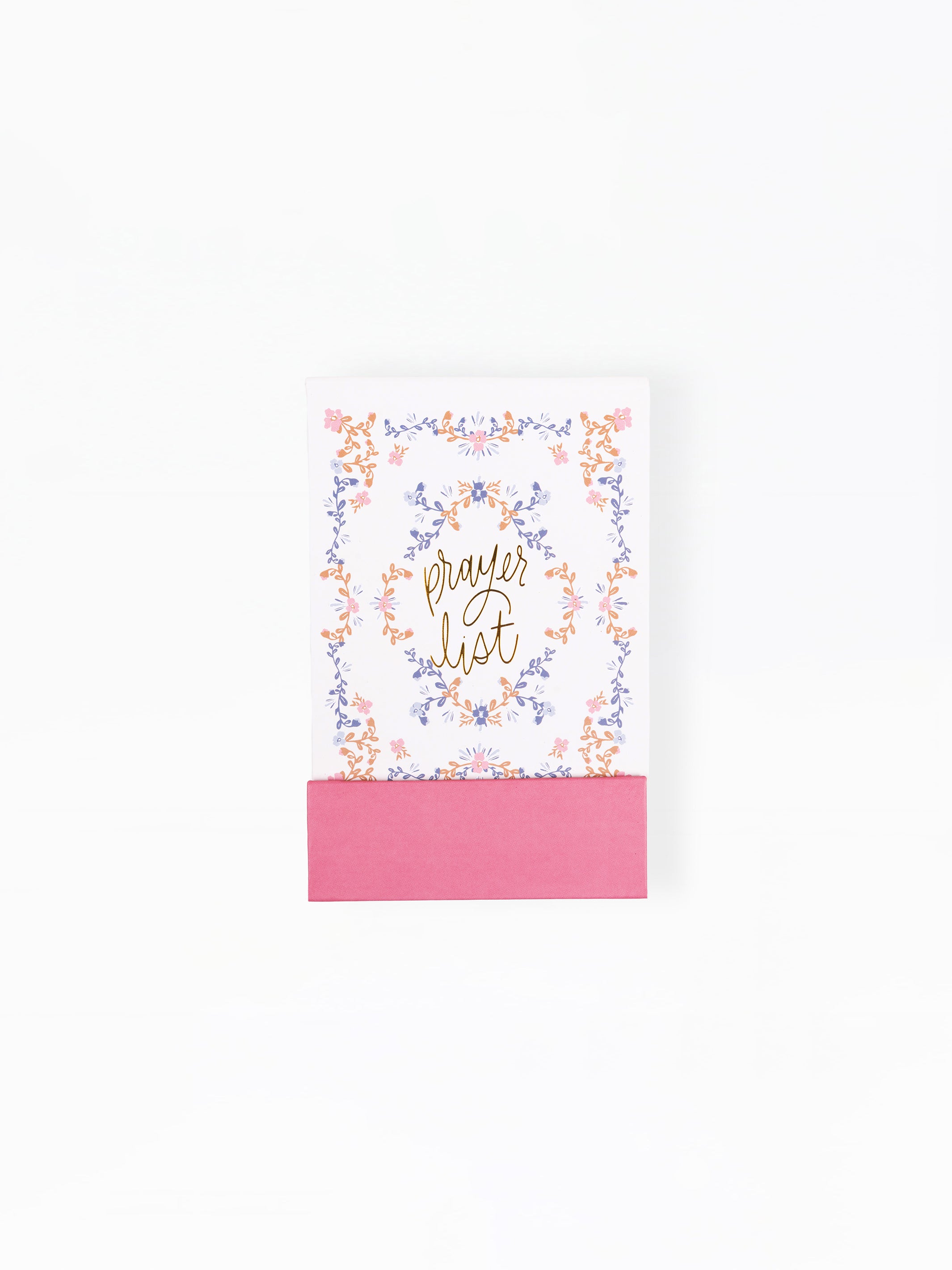 Notebook with floral design and 'Prayer List' text on a white background