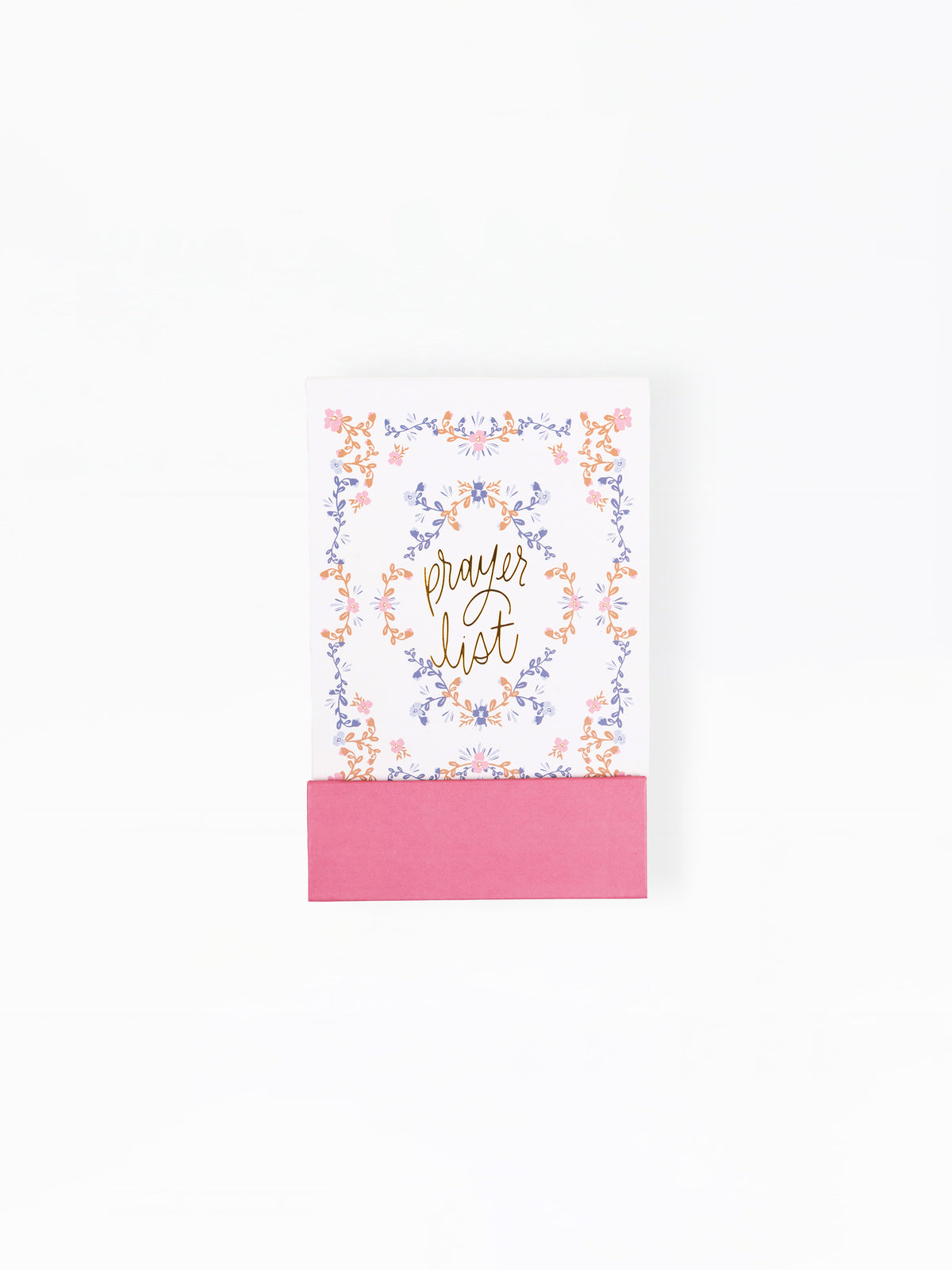 Notebook with floral design and 'Prayer List' text on a white background