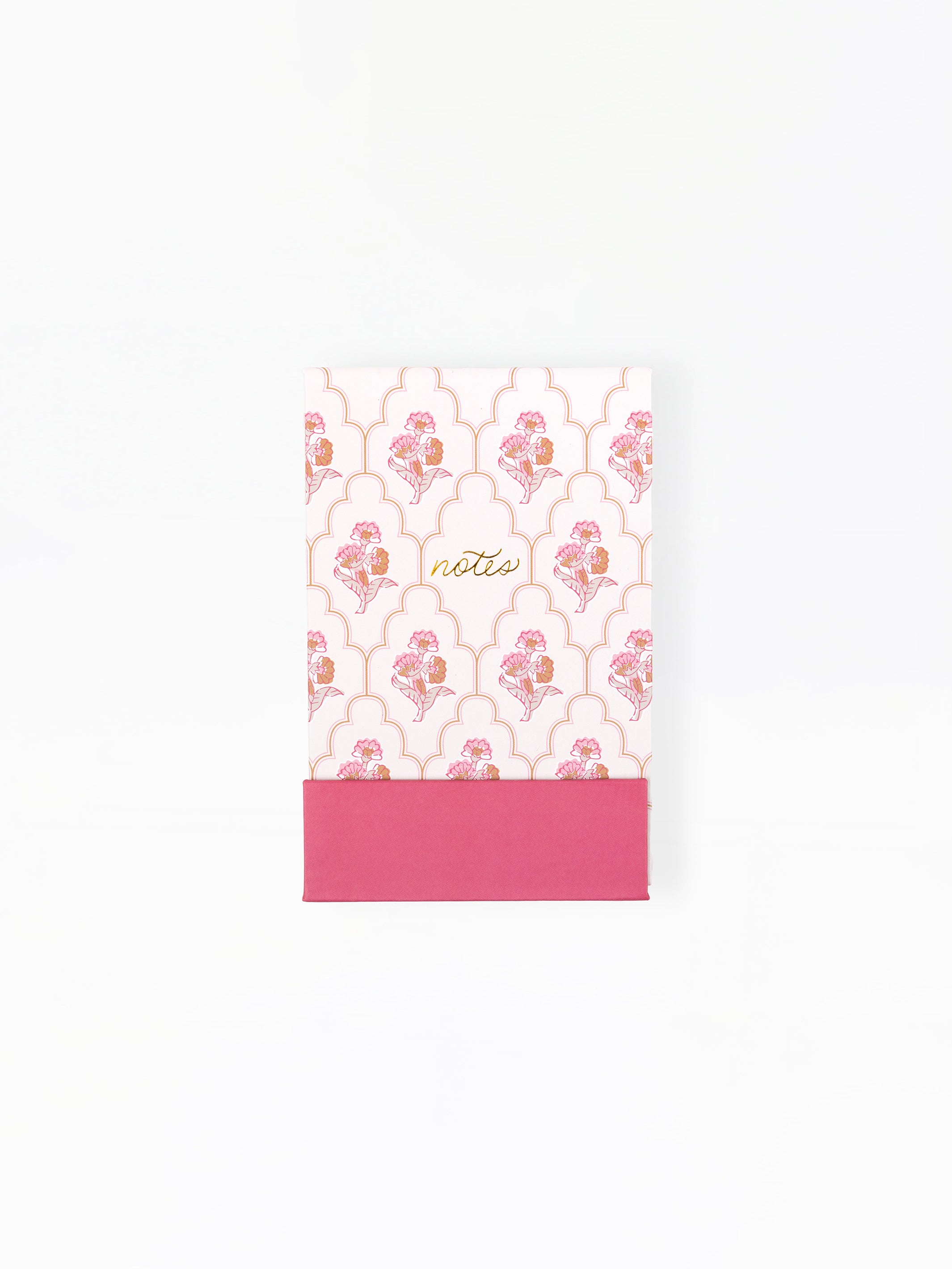 Notepad with floral pattern and pink bottom section on a white background