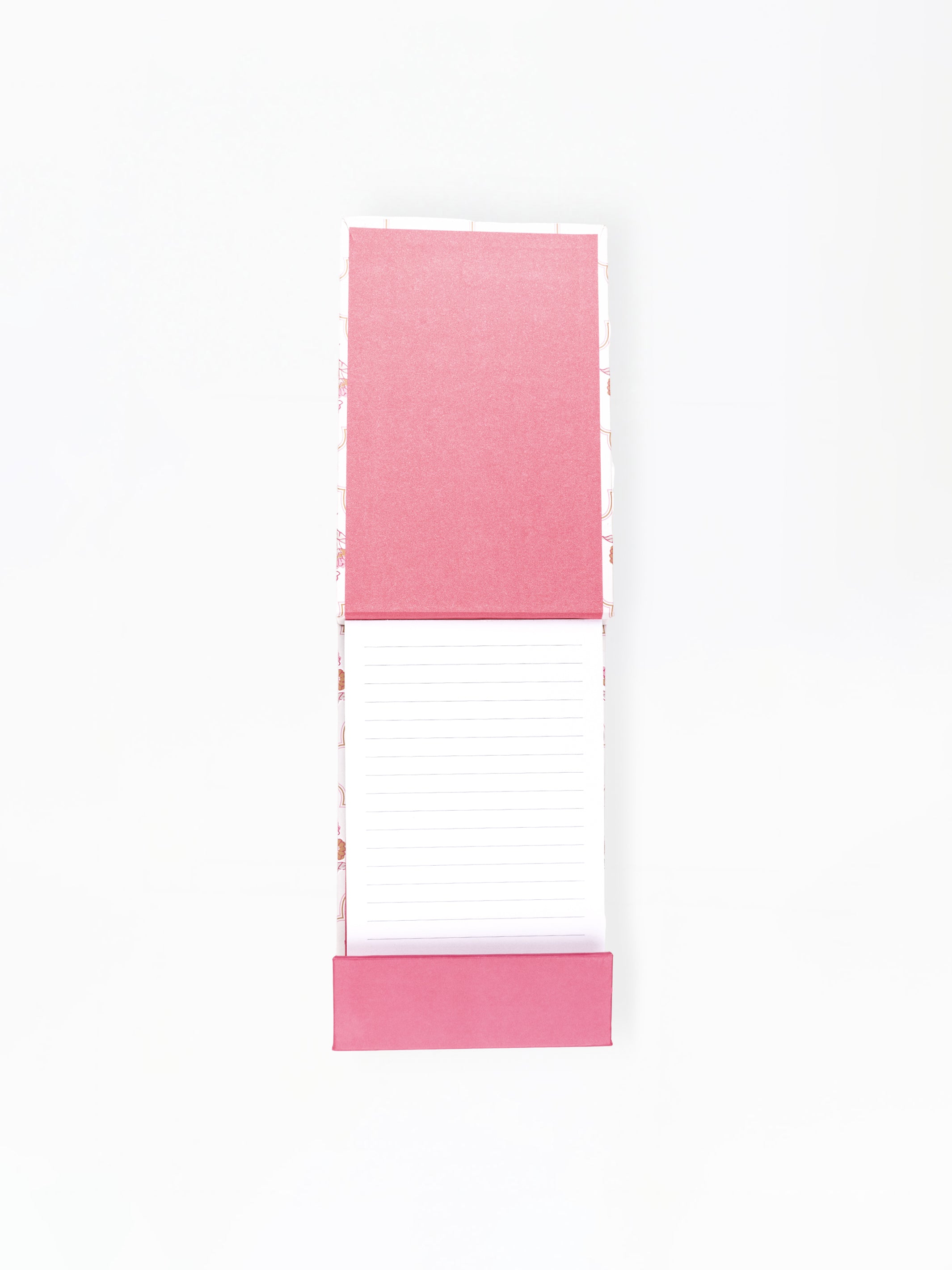Pink and white striped notepad on a white background