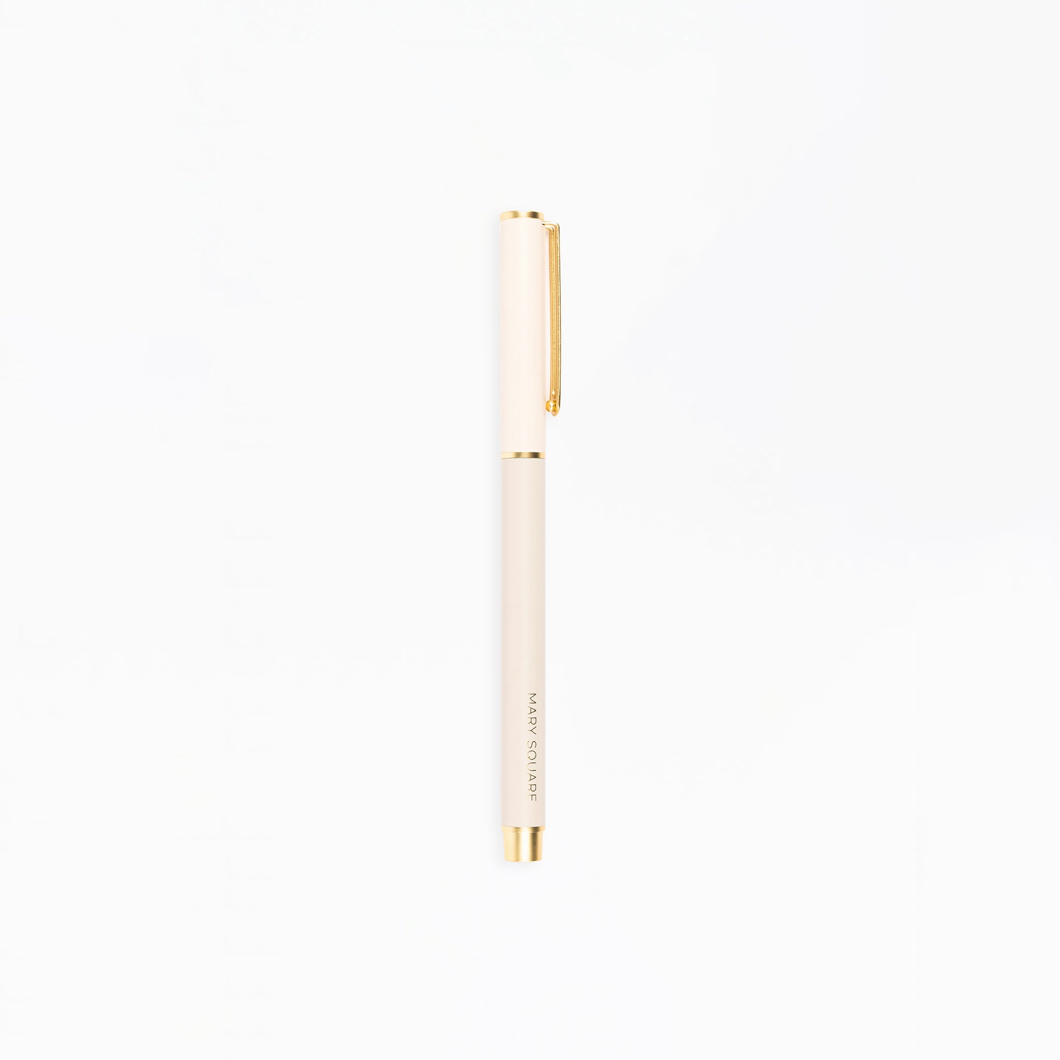 White pen with gold accents on a white background