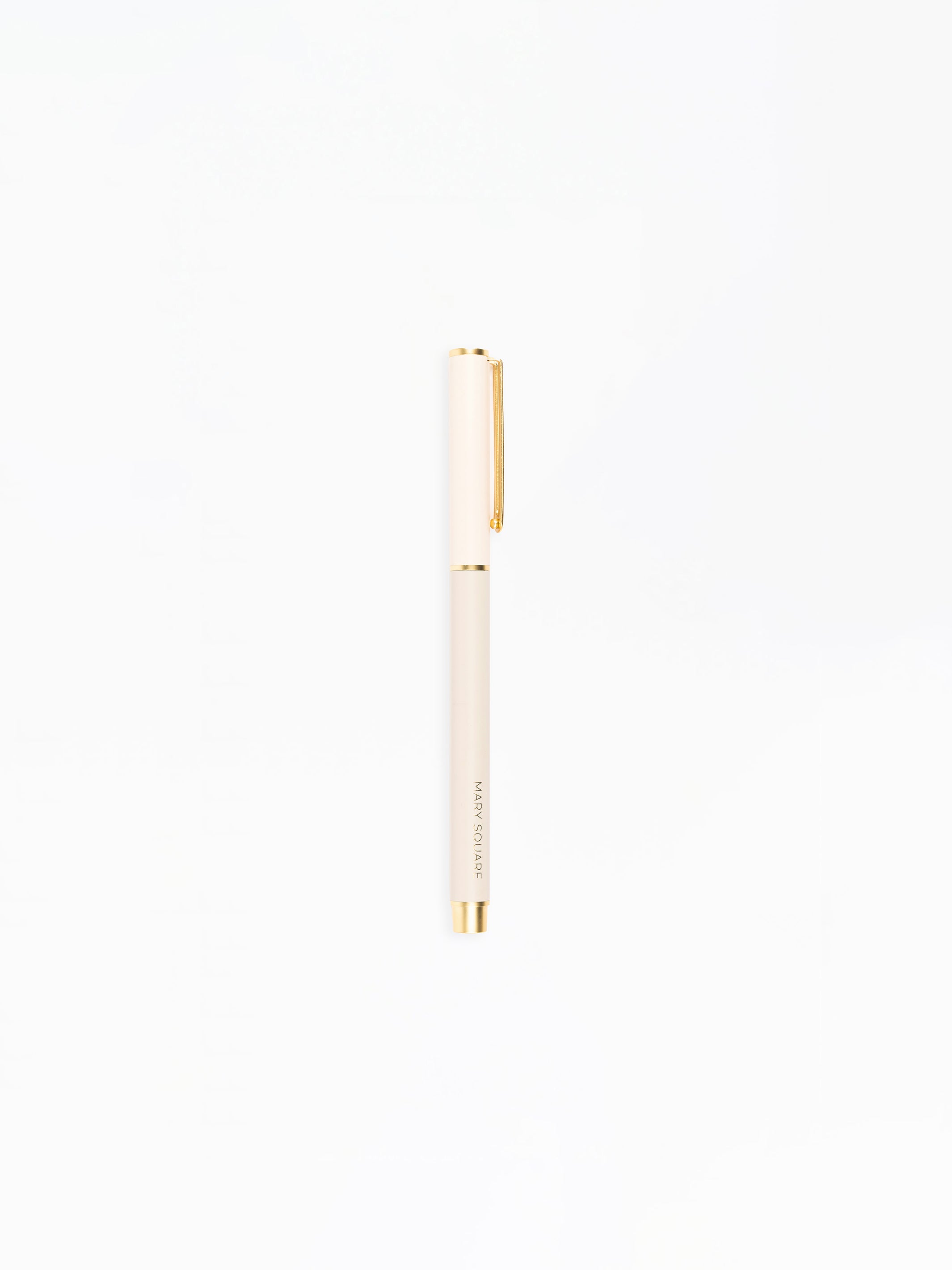 White pen with gold accents on a white background