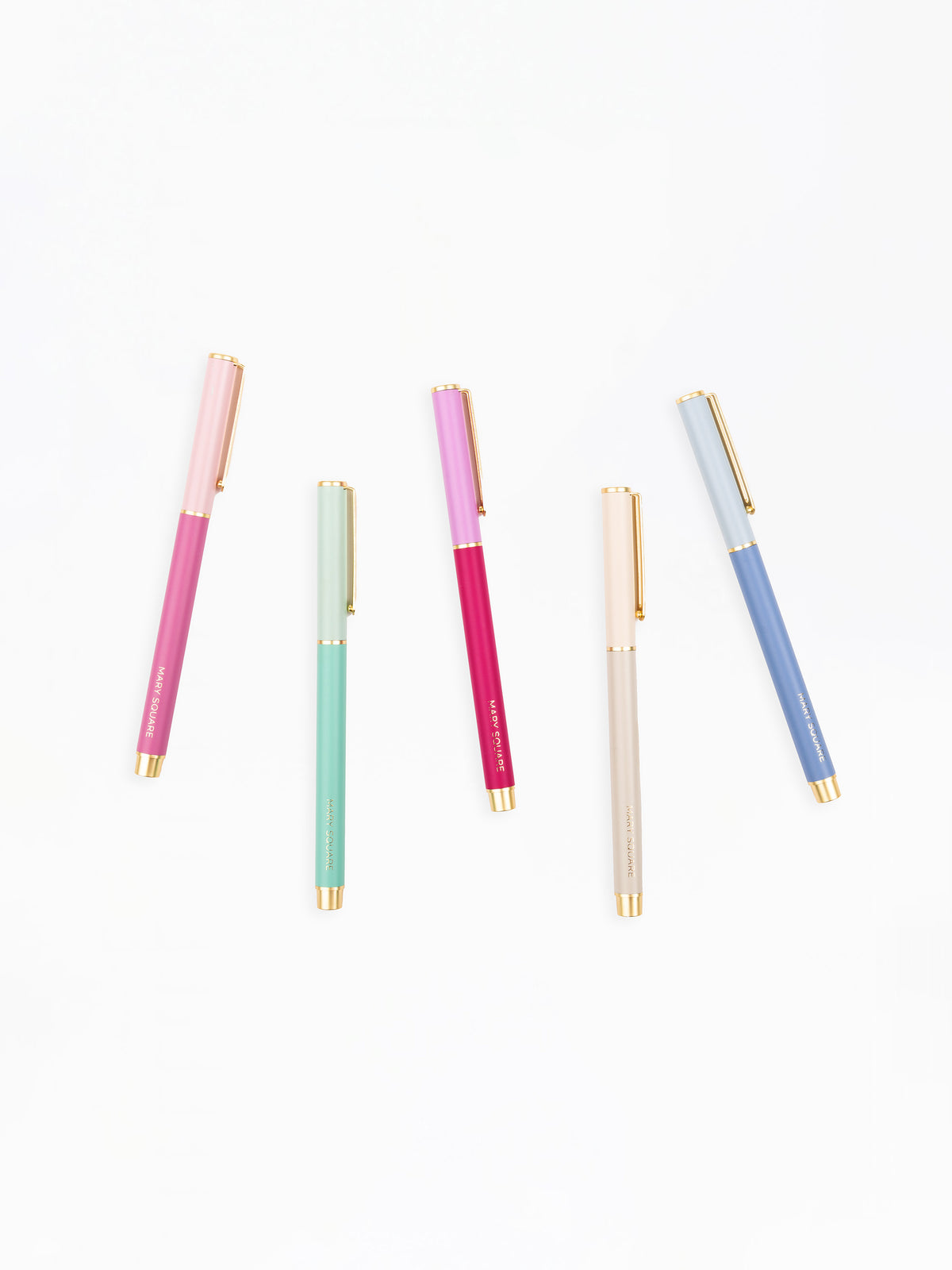 Five colorful pens with gradient designs on a white background