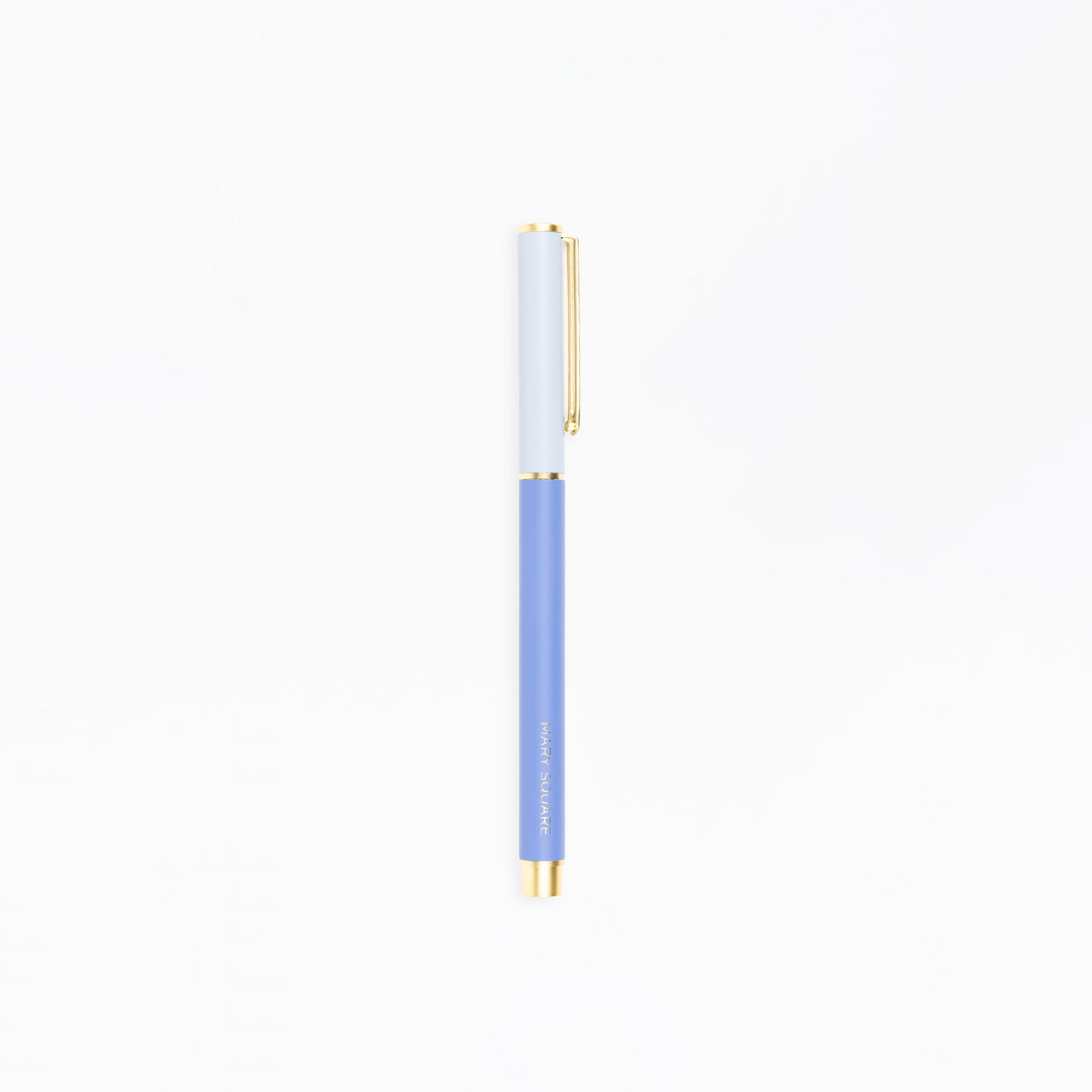 Blue pen with gold accents on a white background