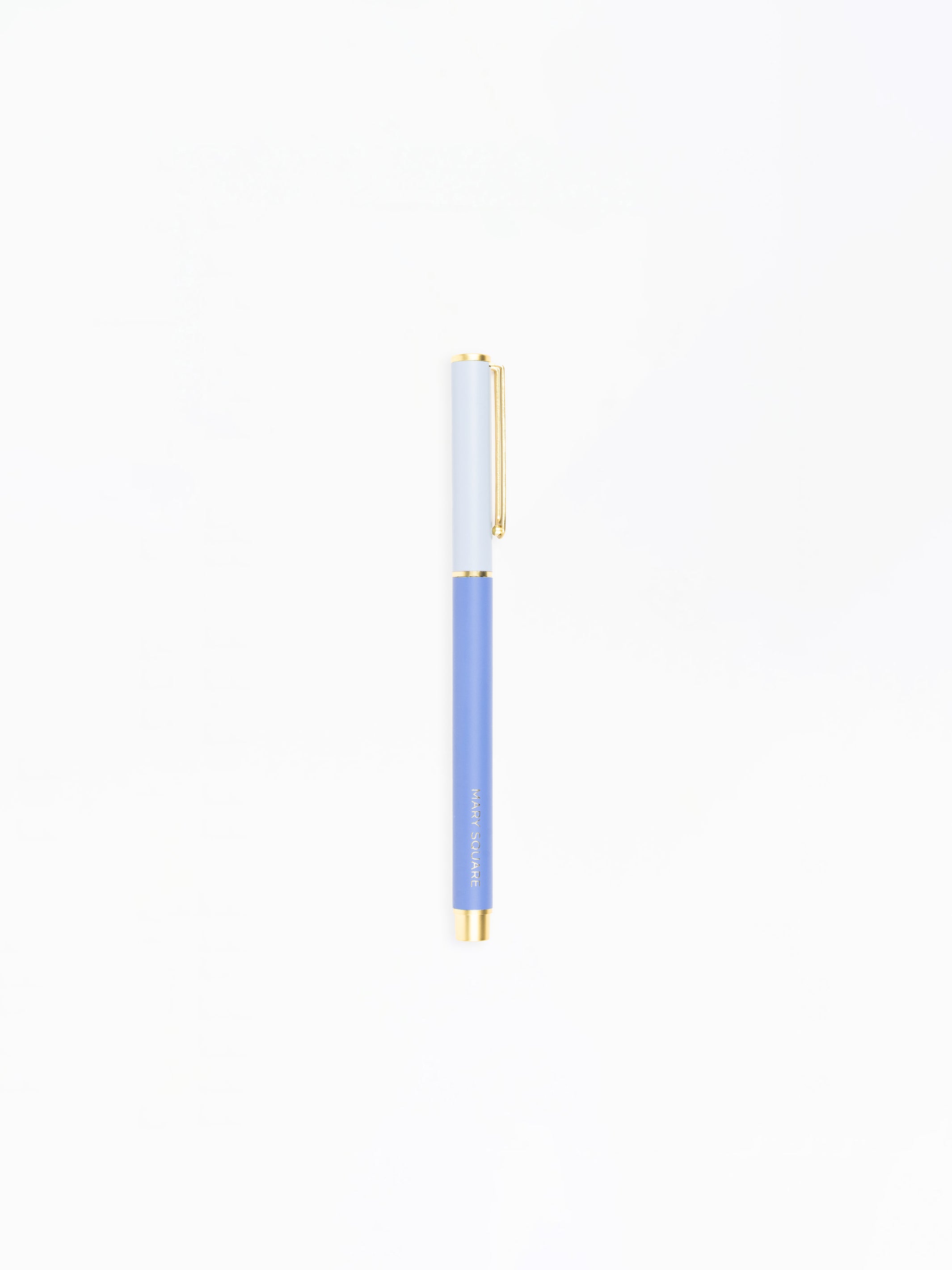 Blue pen with gold accents on a white background