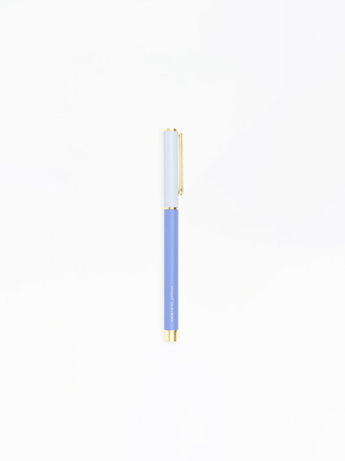 Blue pen with gold accents on a white background