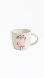 A white ceramic mug featuring a whimsical illustration of a Santa Claus character holding a snow shovel, set against a plain white background.