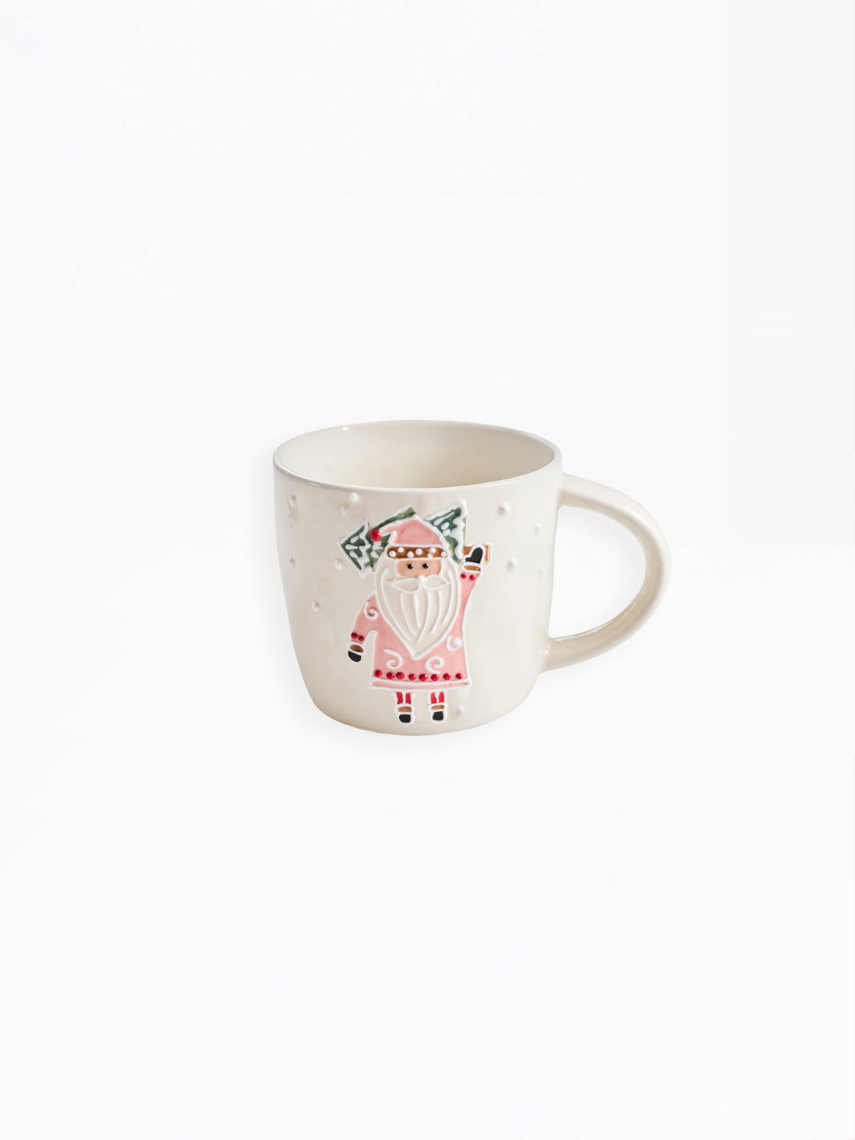 A white ceramic mug featuring a whimsical illustration of a Santa Claus character holding a snow shovel, set against a plain white background.