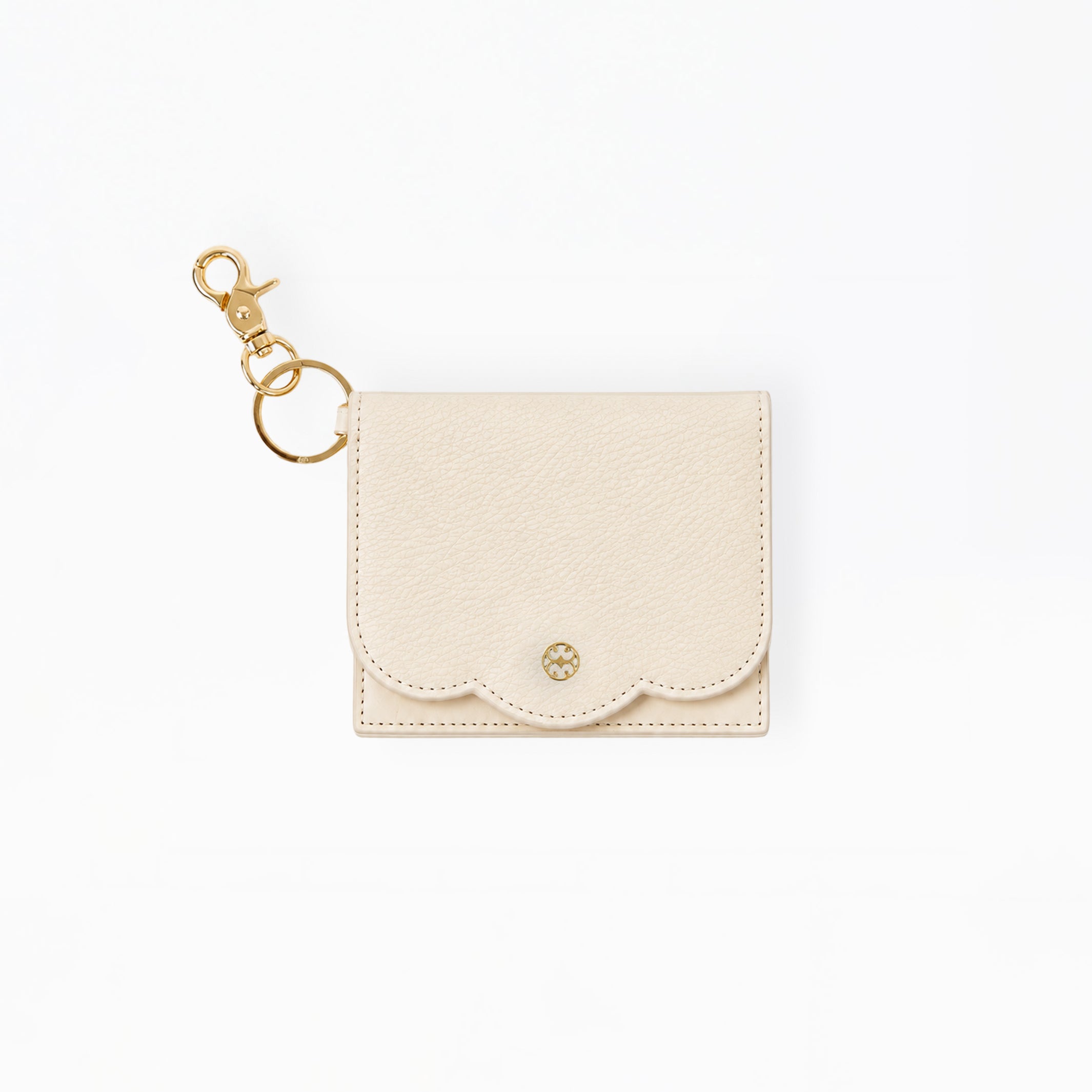 A small cream-colored leather card holder pouch with a scalloped edge and a gold-tone swan logo on the front, attached to a gold key ring and lobster clasp, shown on a plain white background.