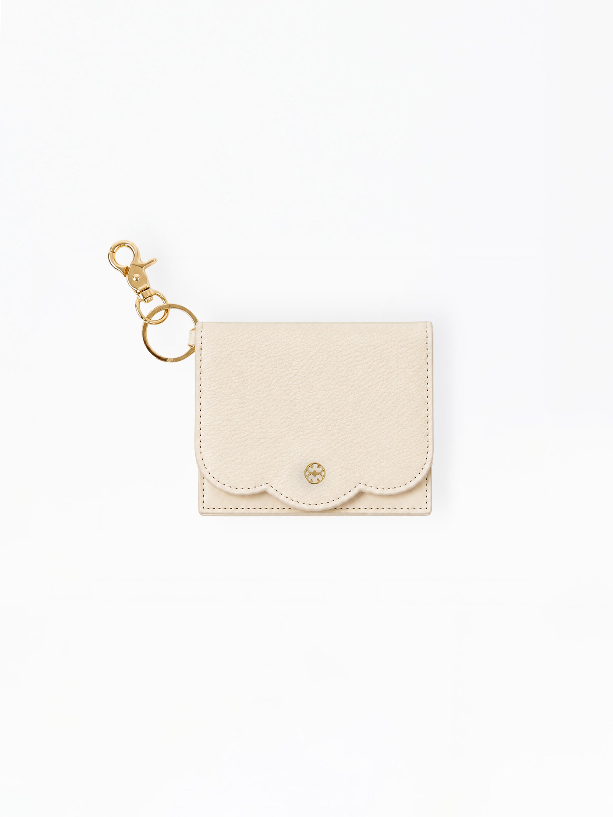A small cream-colored leather card holder pouch with a scalloped edge and a gold-tone swan logo on the front, attached to a gold key ring and lobster clasp, shown on a plain white background.