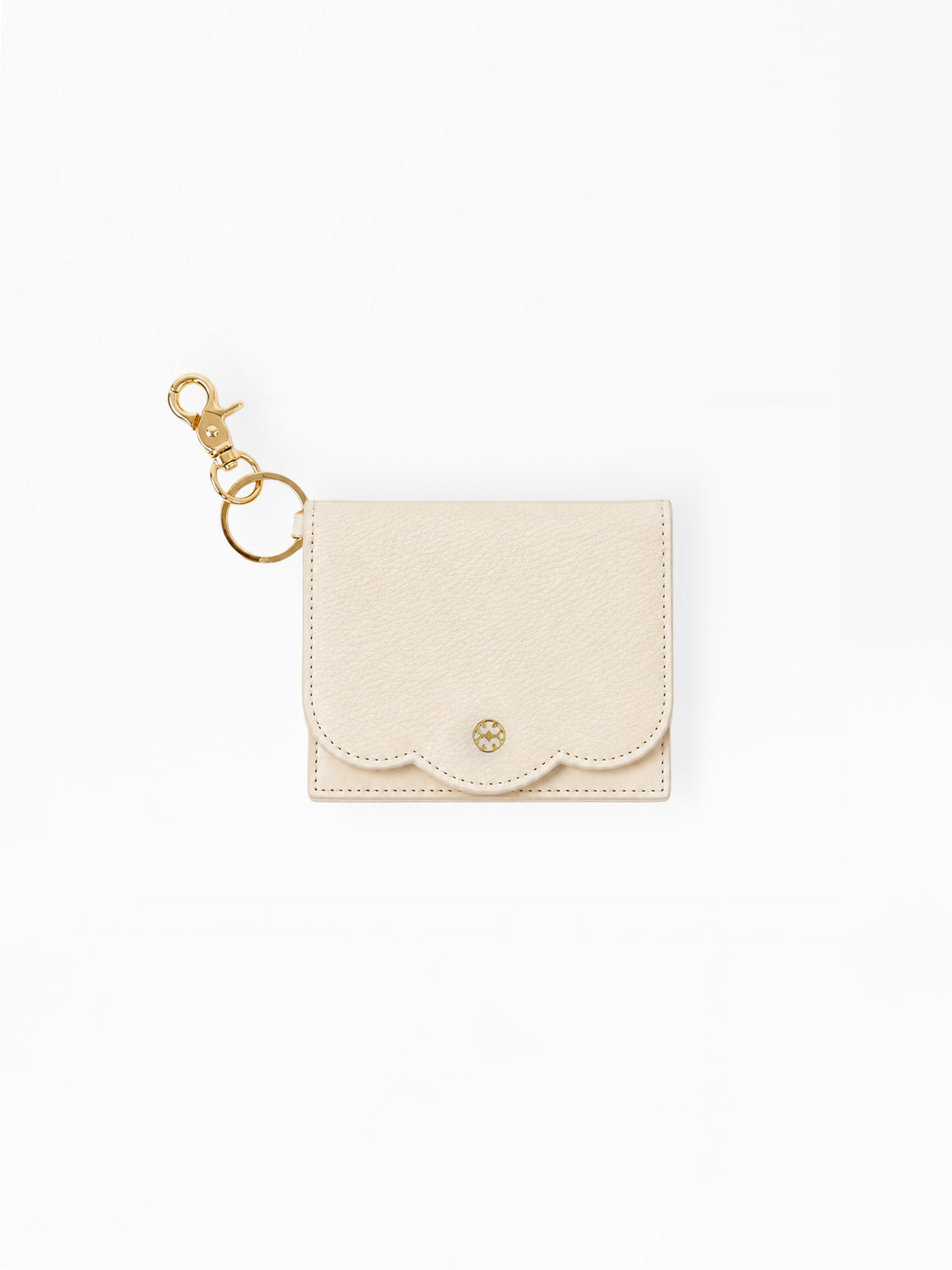 A small cream-colored leather card holder pouch with a scalloped edge and a gold-tone swan logo on the front, attached to a gold key ring and lobster clasp, shown on a plain white background.