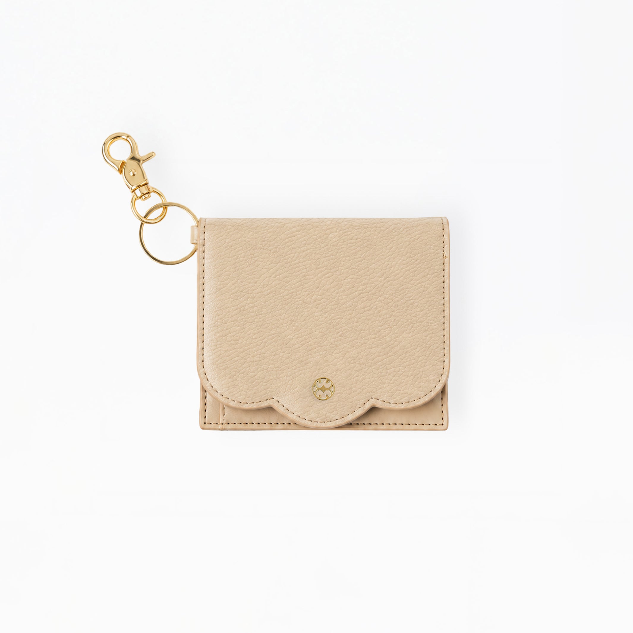A small beige textured leather card holder with a gold-tone clasp and key ring, shown on a plain white background.