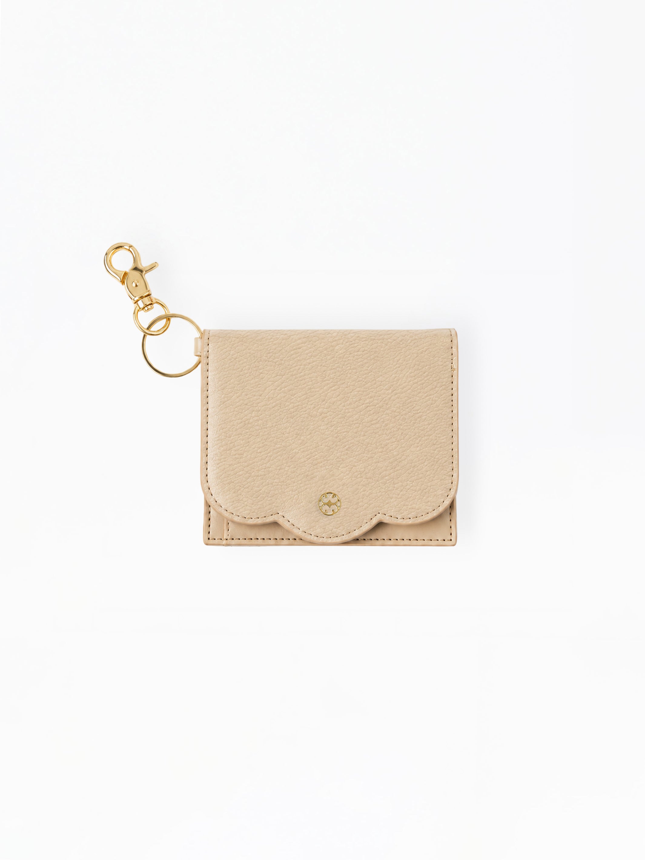 A small beige textured leather card holder with a gold-tone clasp and key ring, shown on a plain white background.